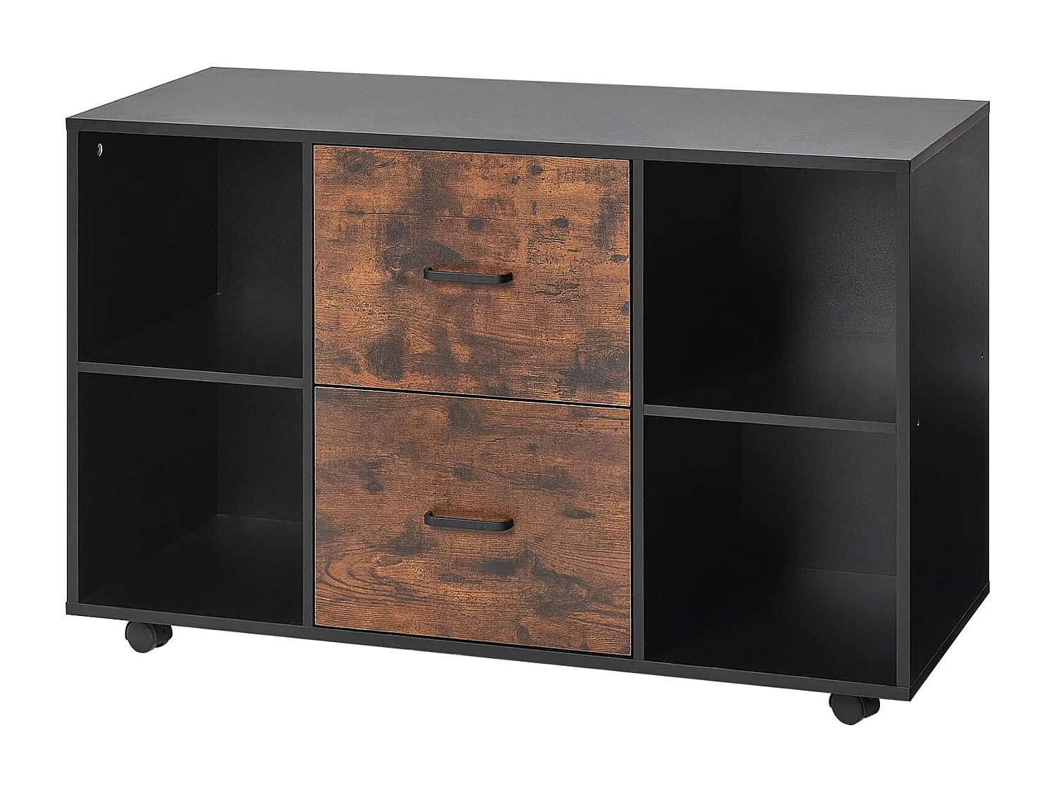 Archivador Móvil SucceBuy de Madera, Mueble de Oficina con 2 Cajones, Estantes Abiertos y Ruedas Bloqueables, para Oficina, Negro