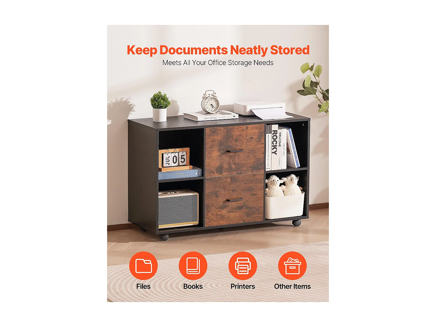 Archivador Móvil SucceBuy de Madera, Mueble de Oficina con 2 Cajones, Estantes Abiertos y Ruedas Bloqueables, para Oficina, Negro