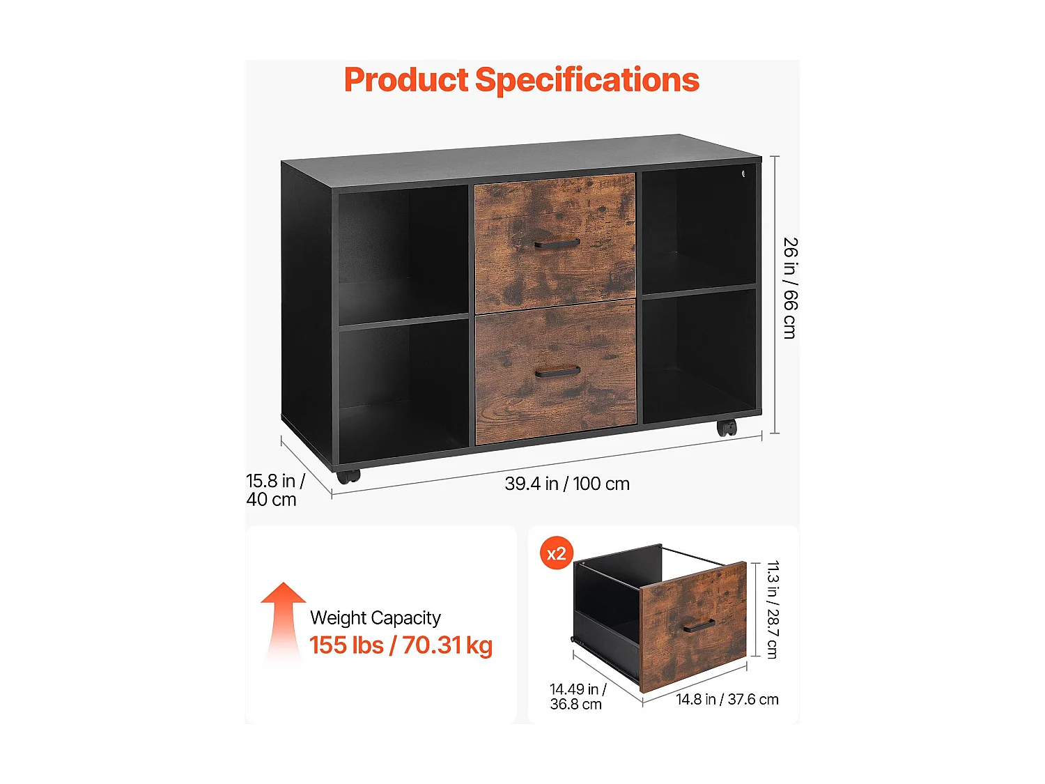 Archivador Móvil SucceBuy de Madera, Mueble de Oficina con 2 Cajones, Estantes Abiertos y Ruedas Bloqueables, para Oficina, Negro