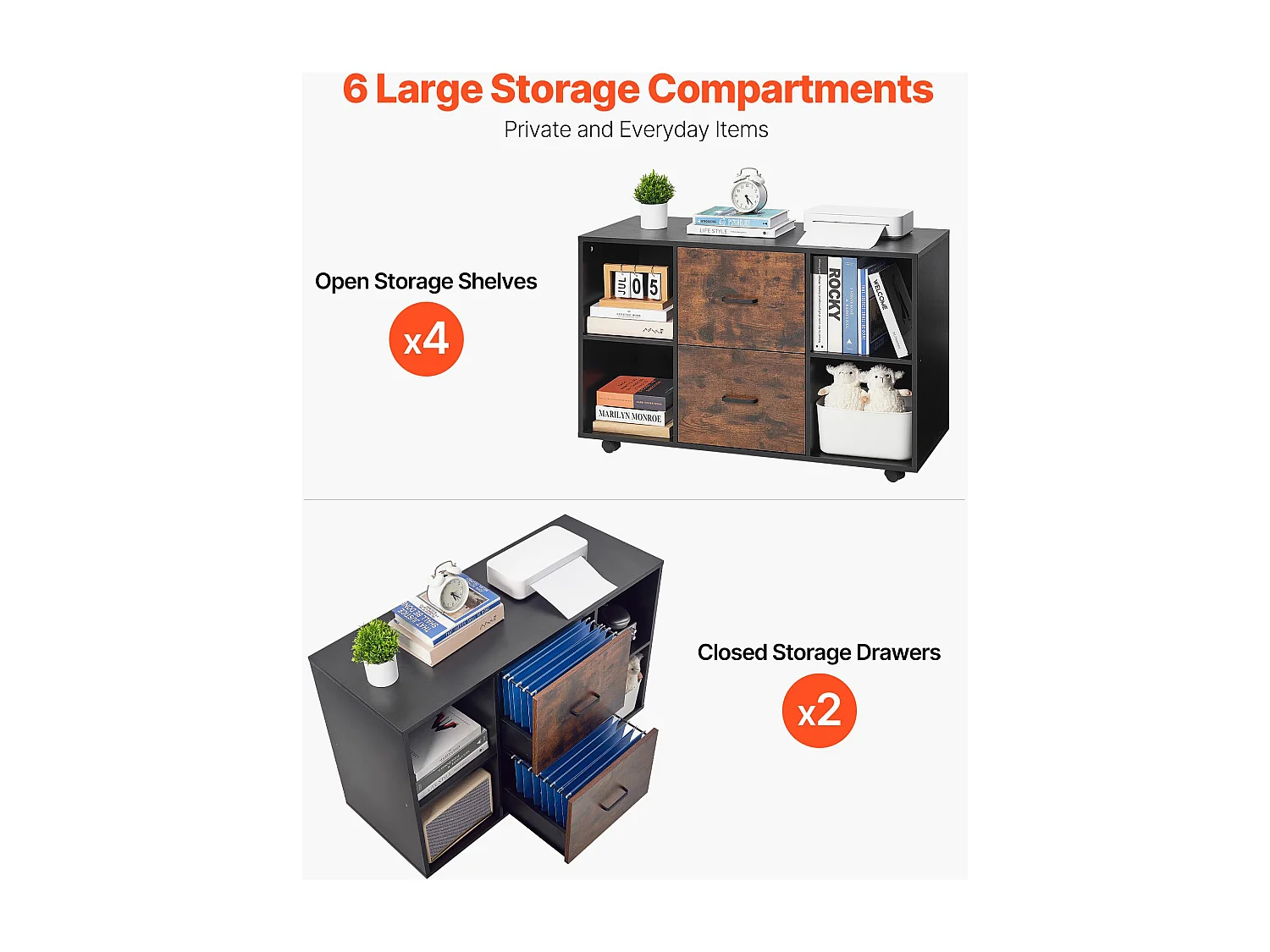 Archivador Móvil SucceBuy de Madera, Mueble de Oficina con 2 Cajones, Estantes Abiertos y Ruedas Bloqueables, para Oficina, Negro