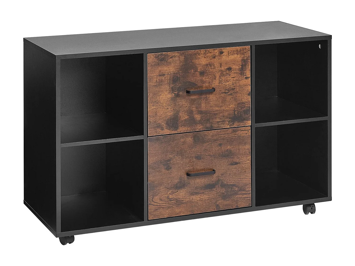 Archivador Móvil SucceBuy de Madera, Mueble de Oficina con 2 Cajones, Estantes Abiertos y Ruedas Bloqueables, para Oficina, Negro