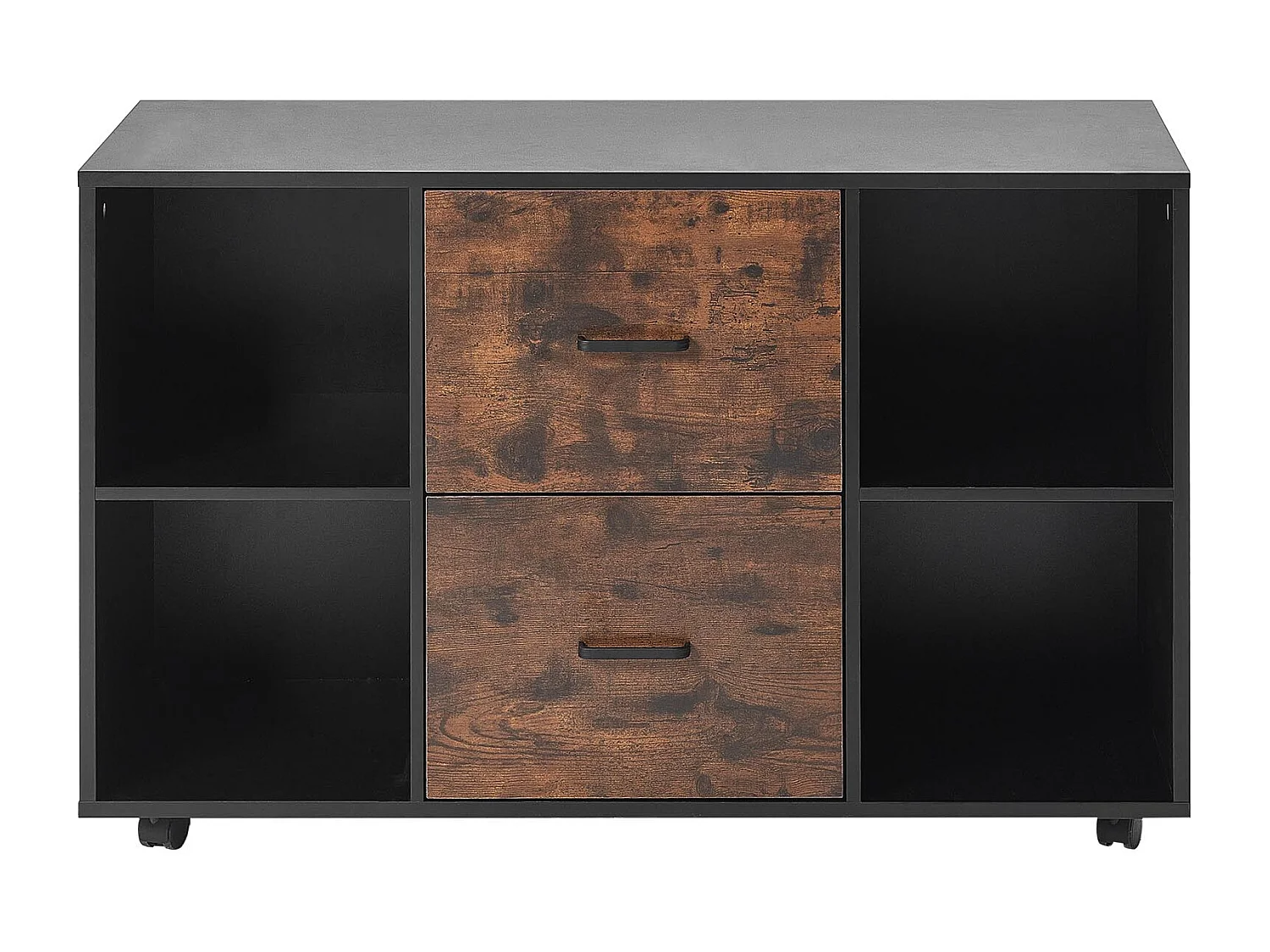 Archivador Móvil SucceBuy de Madera, Mueble de Oficina con 2 Cajones, Estantes Abiertos y Ruedas Bloqueables, para Oficina, Negro