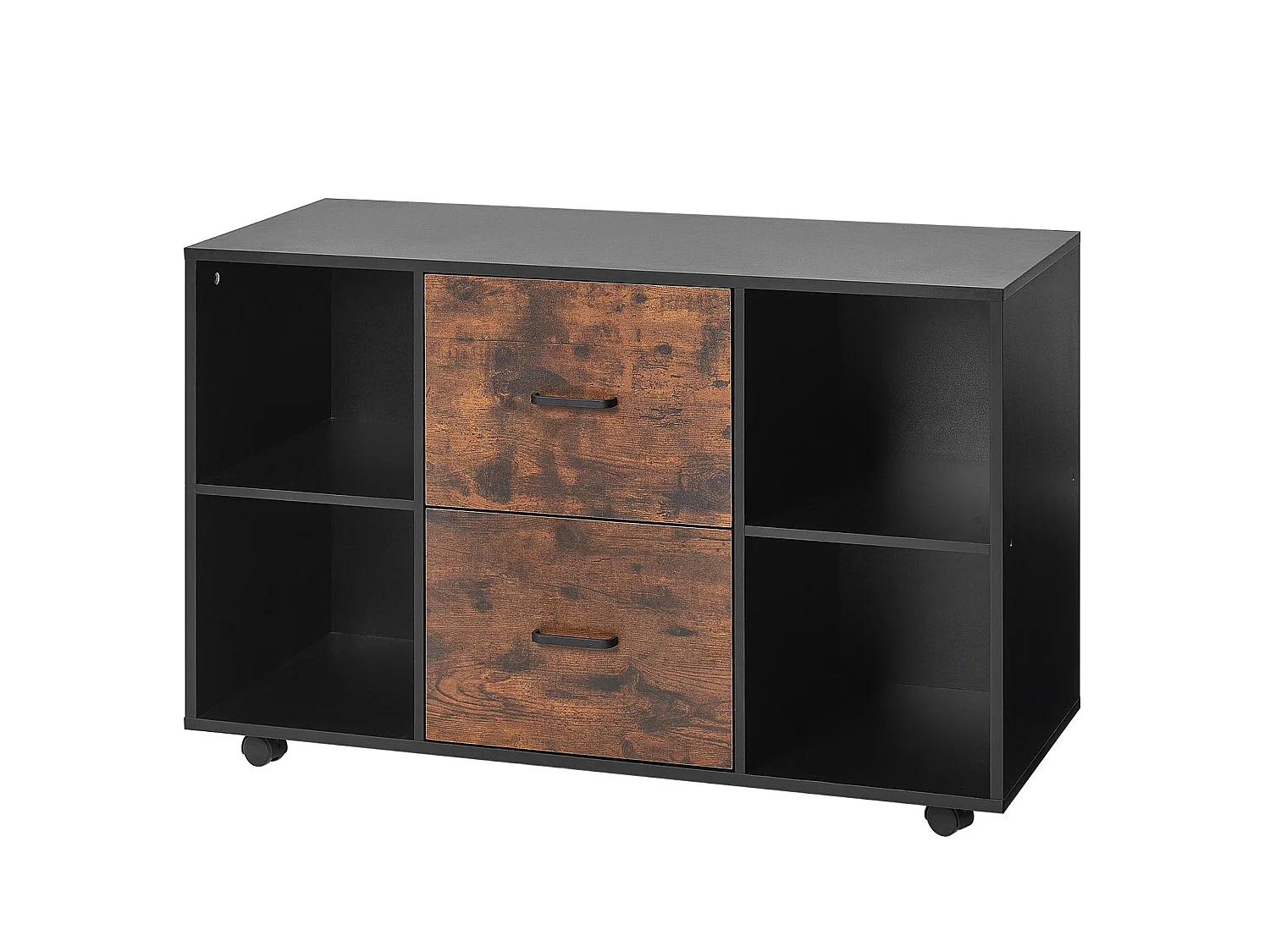 Classeur Dossier Mobile SucceBuy en Bois, Meuble de Rangement de Bureau à 2 Tiroirs avec Étagères Ouvertes et Roulettes Verrouillables, pour Bureau, Noir