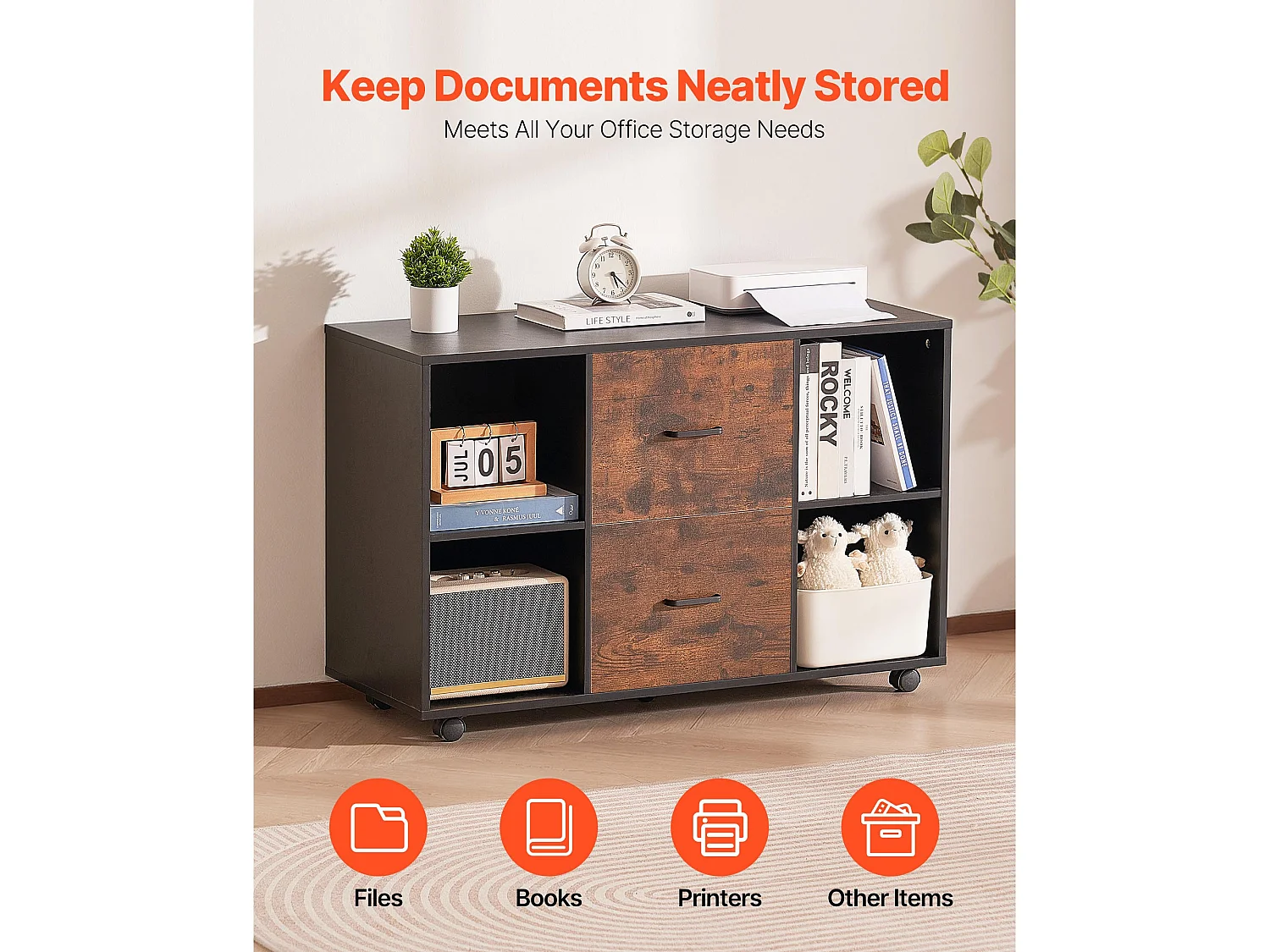 Classeur Dossier Mobile SucceBuy en Bois, Meuble de Rangement de Bureau à 2 Tiroirs avec Étagères Ouvertes et Roulettes Verrouillables, pour Bureau, Noir