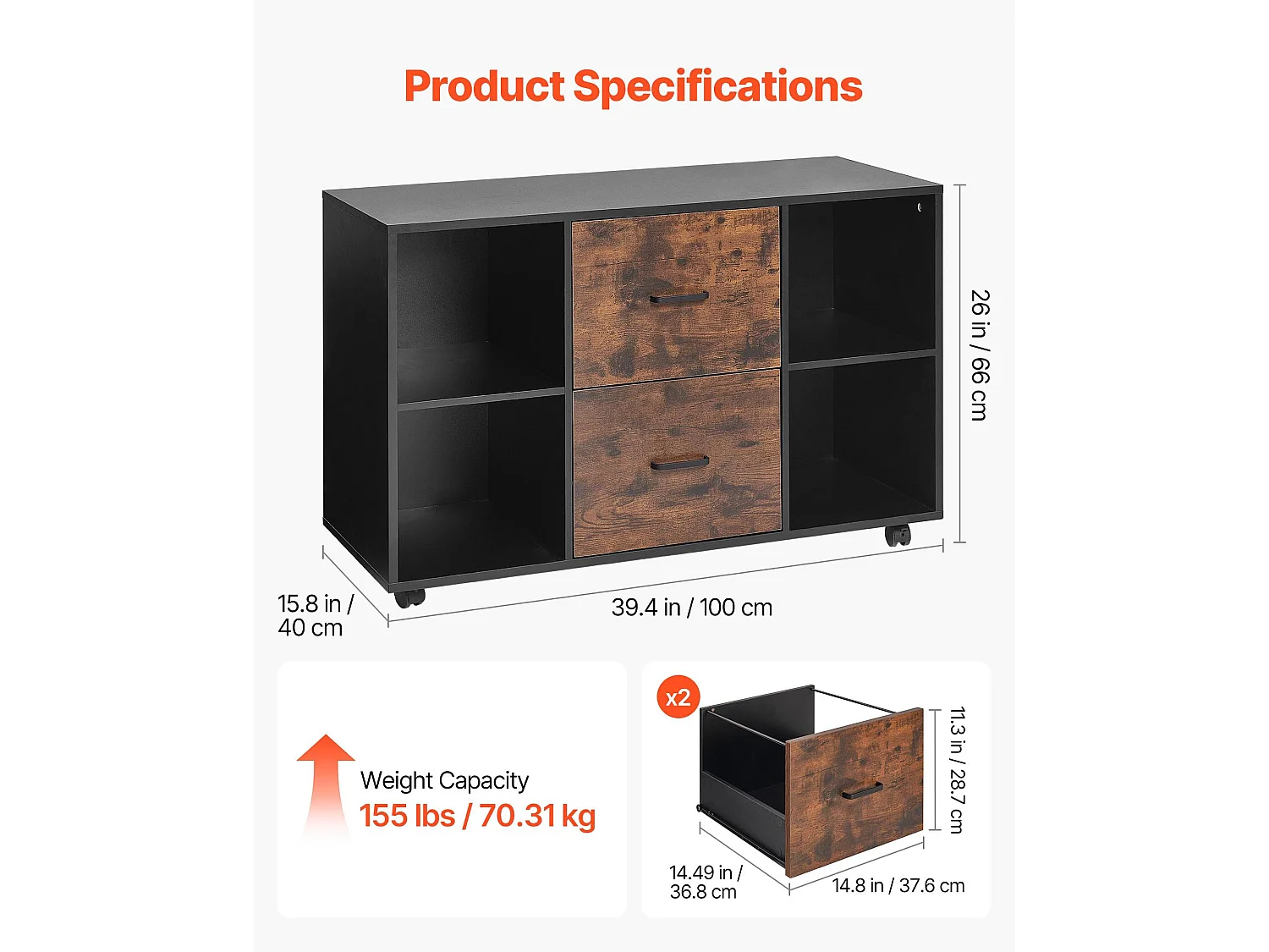 Classeur Dossier Mobile SucceBuy en Bois, Meuble de Rangement de Bureau à 2 Tiroirs avec Étagères Ouvertes et Roulettes Verrouillables, pour Bureau, Noir