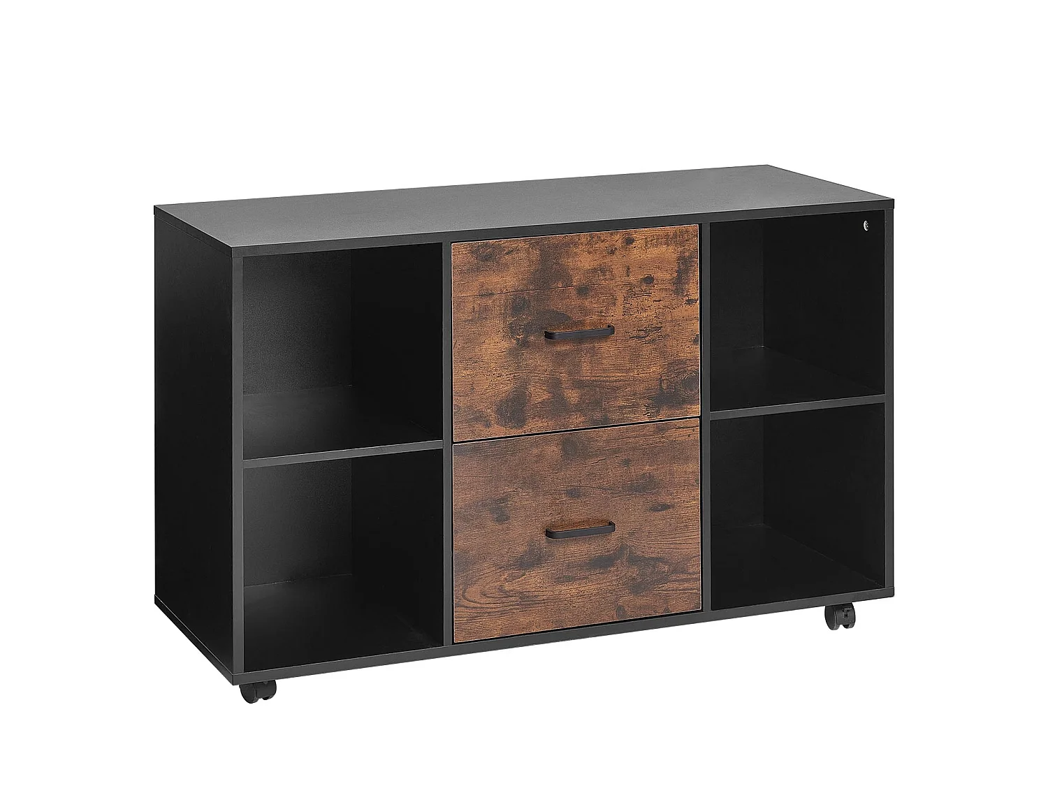 Classeur Dossier Mobile SucceBuy en Bois, Meuble de Rangement de Bureau à 2 Tiroirs avec Étagères Ouvertes et Roulettes Verrouillables, pour Bureau, Noir