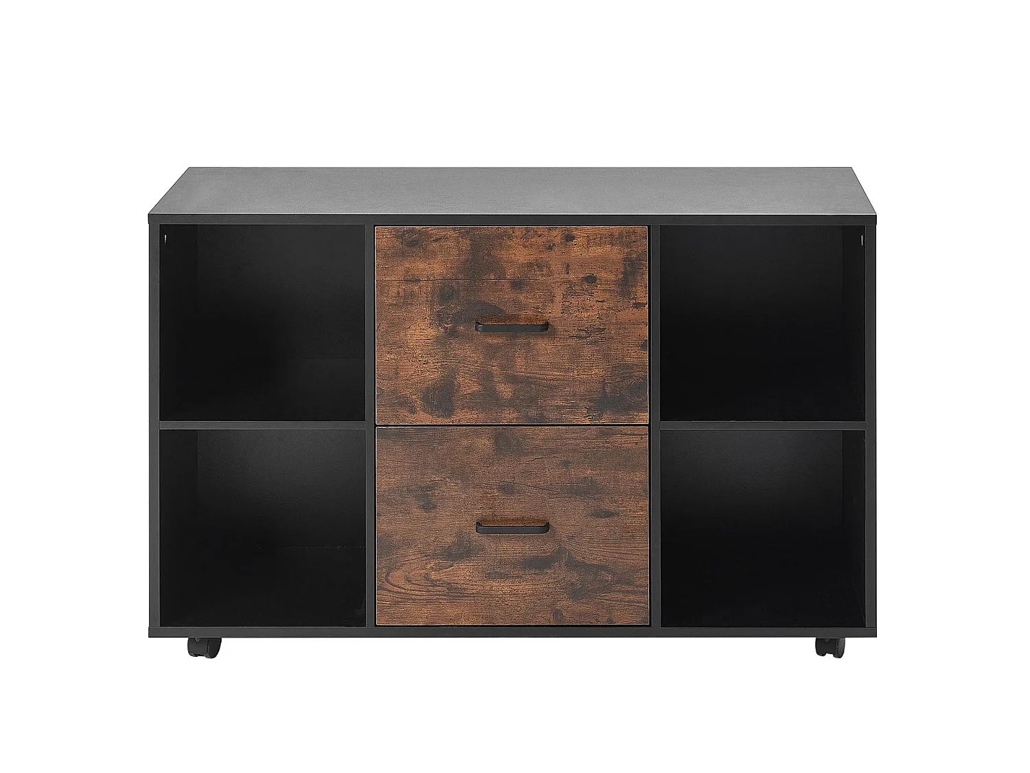 Classeur Dossier Mobile SucceBuy en Bois, Meuble de Rangement de Bureau à 2 Tiroirs avec Étagères Ouvertes et Roulettes Verrouillables, pour Bureau, Noir