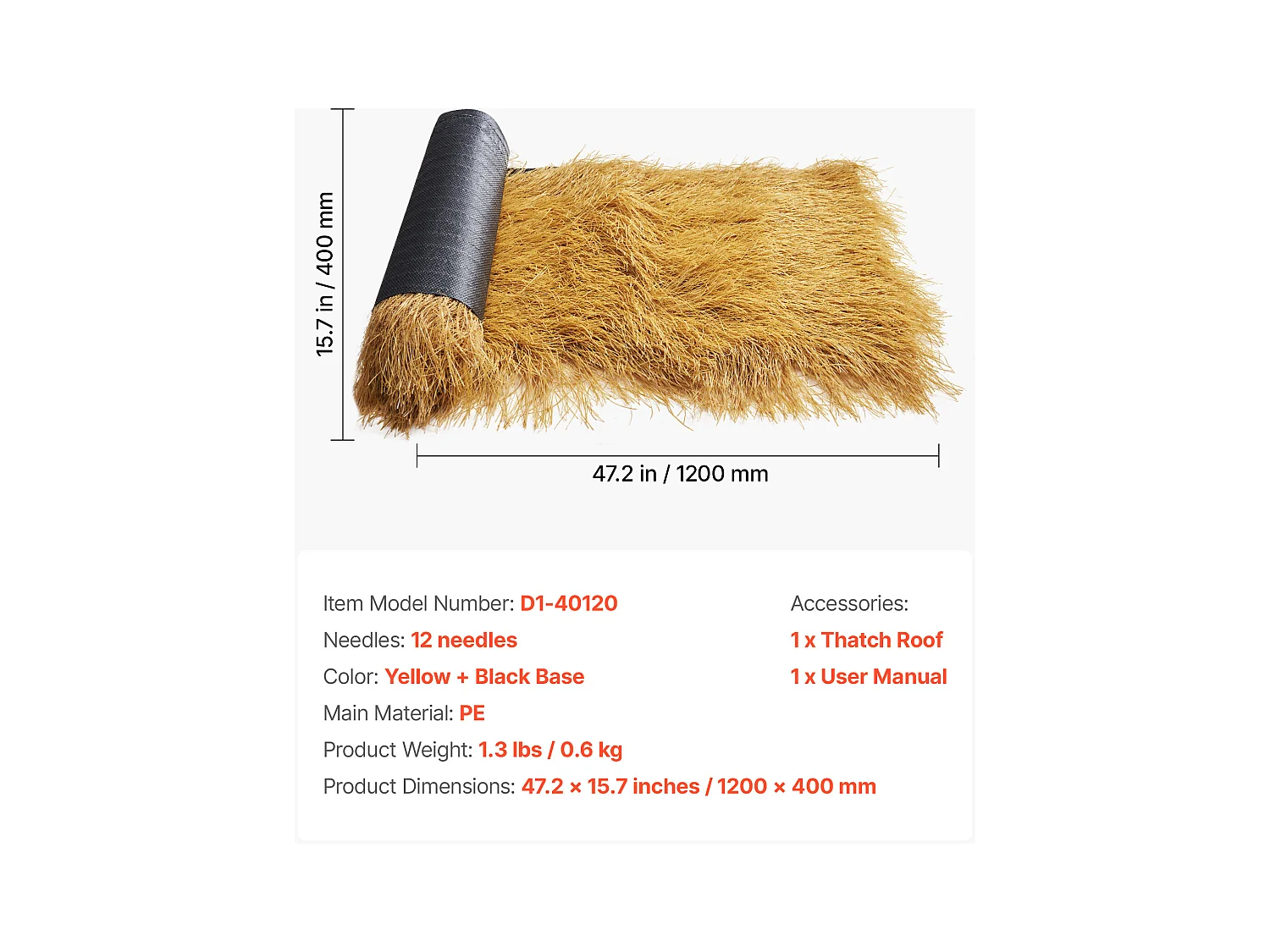 Toiture en Chaume Artificielle SucceBuy, 0,4 x 1,2 m, Rouleau de Chaume Artificiel, Tapis de Toit de Bar Cabane, Résistant à la Chaleur, pour Terrasse, Piscine