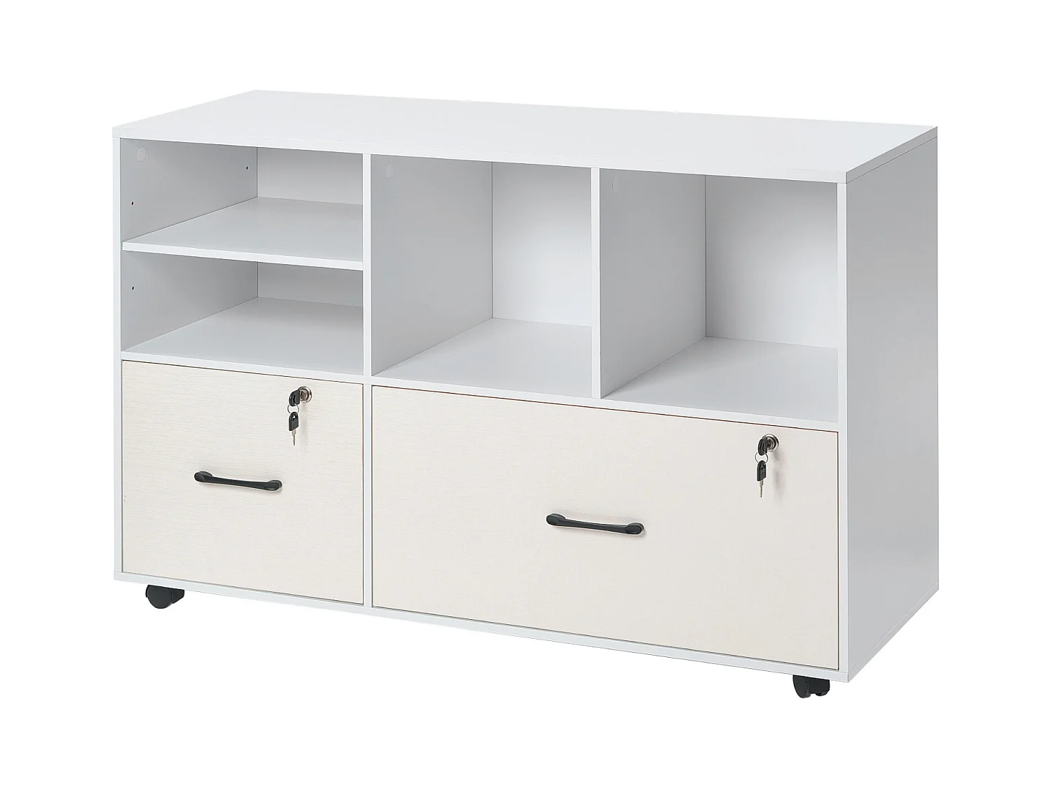 Classeur Dossier Mobile SucceBuy en Bois, Meuble de Rangement de Bureau à 2 Tiroirs avec Étagères Ouvertes et Réglables, Verrouillable, pour Bureau, Blanc