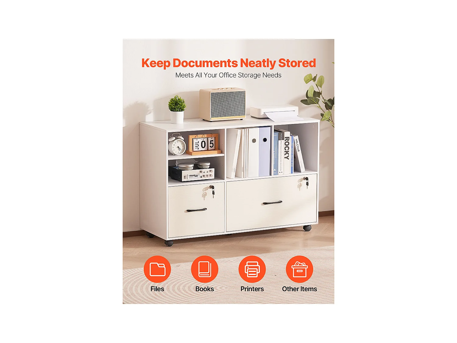 Classeur Dossier Mobile SucceBuy en Bois, Meuble de Rangement de Bureau à 2 Tiroirs avec Étagères Ouvertes et Réglables, Verrouillable, pour Bureau, Blanc