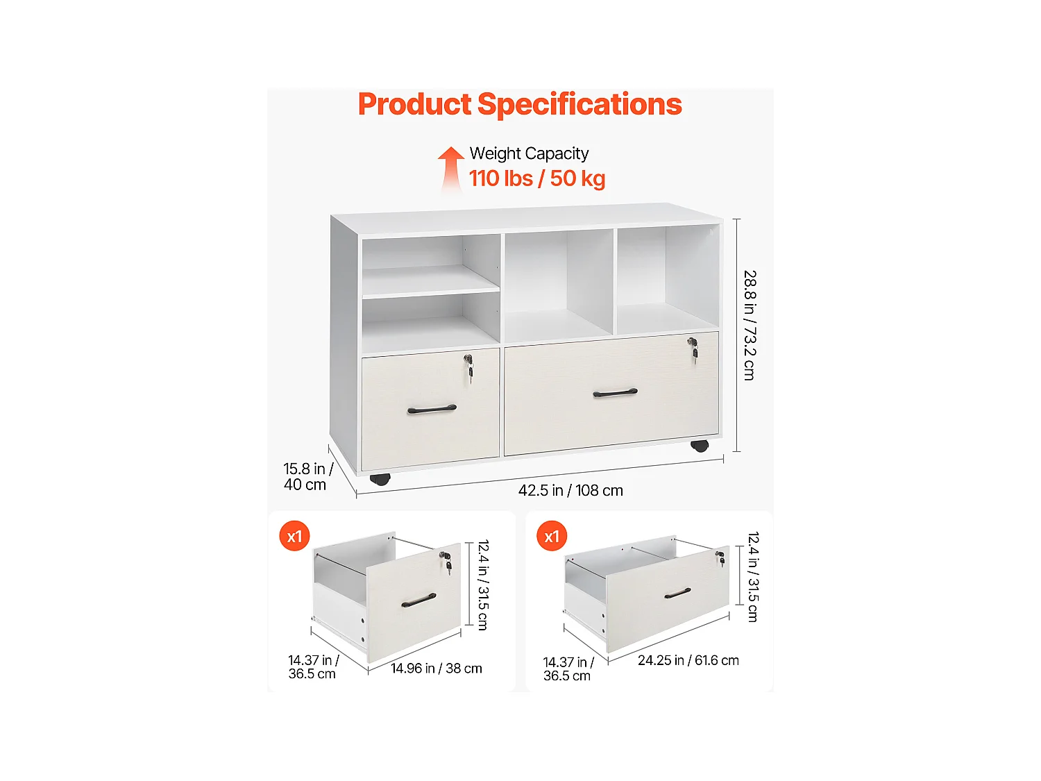 Classeur Dossier Mobile SucceBuy en Bois, Meuble de Rangement de Bureau à 2 Tiroirs avec Étagères Ouvertes et Réglables, Verrouillable, pour Bureau, Blanc