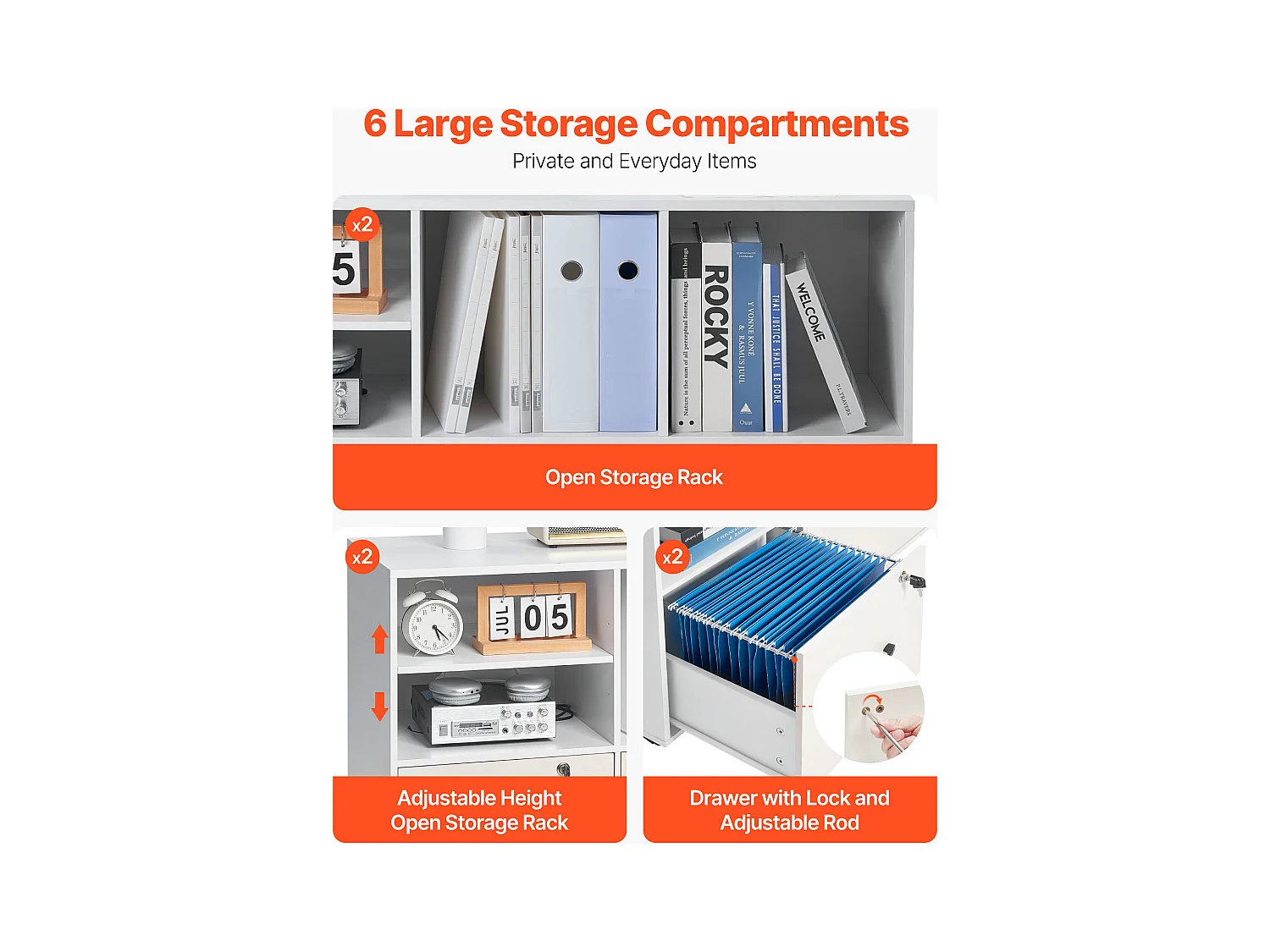 Classeur Dossier Mobile SucceBuy en Bois, Meuble de Rangement de Bureau à 2 Tiroirs avec Étagères Ouvertes et Réglables, Verrouillable, pour Bureau, Blanc