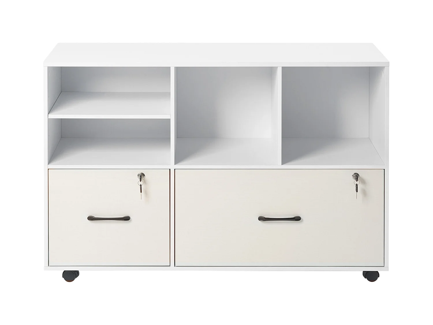 Classeur Dossier Mobile SucceBuy en Bois, Meuble de Rangement de Bureau à 2 Tiroirs avec Étagères Ouvertes et Réglables, Verrouillable, pour Bureau, Blanc