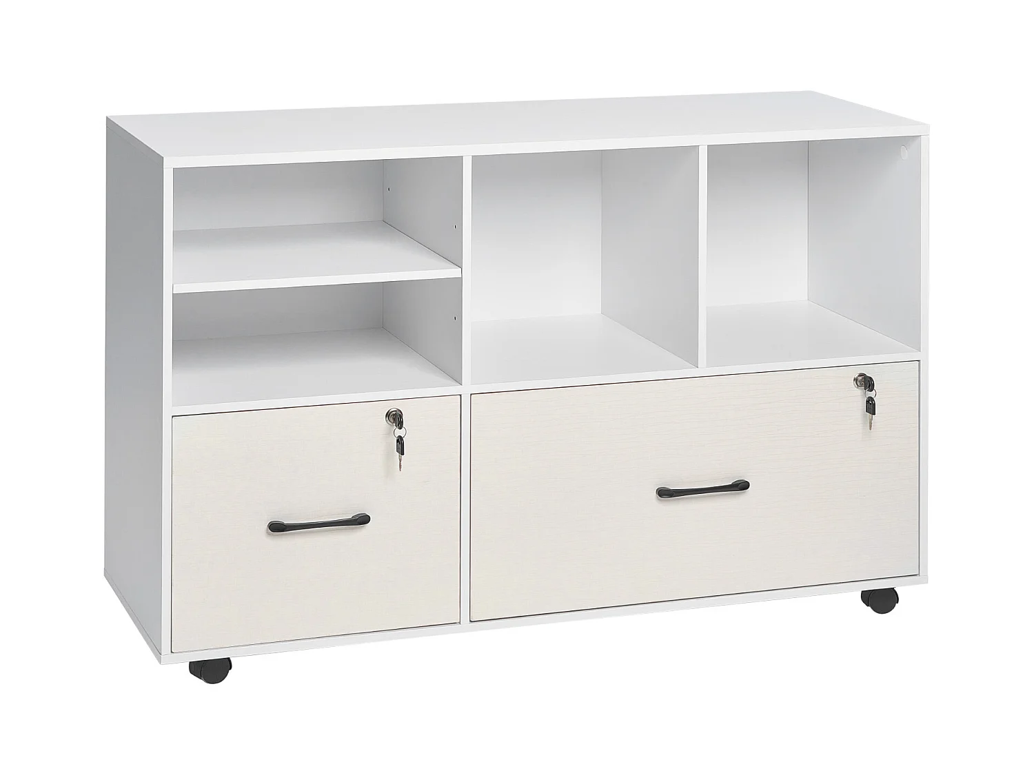 Classeur Dossier Mobile SucceBuy en Bois, Meuble de Rangement de Bureau à 2 Tiroirs avec Étagères Ouvertes et Réglables, Verrouillable, pour Bureau, Blanc