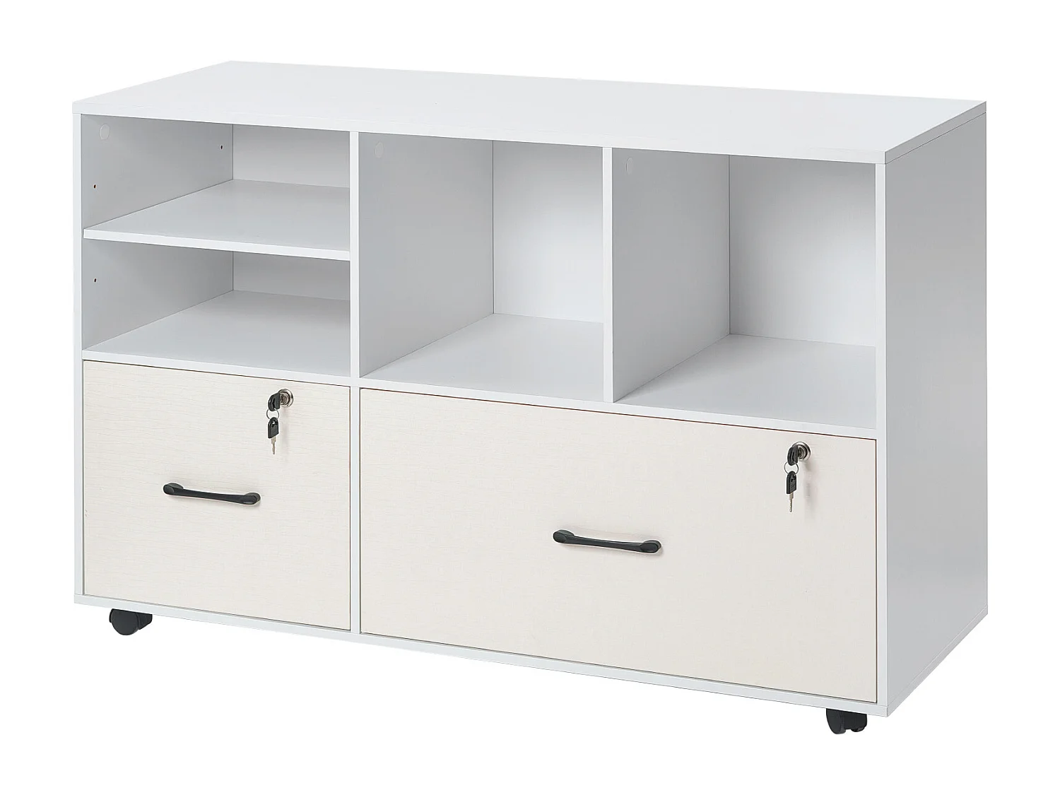 Classeur Dossier Mobile SucceBuy en Bois, Meuble de Rangement de Bureau à 2 Tiroirs avec Étagères Ouvertes et Réglables, Verrouillable, pour Bureau, Blanc