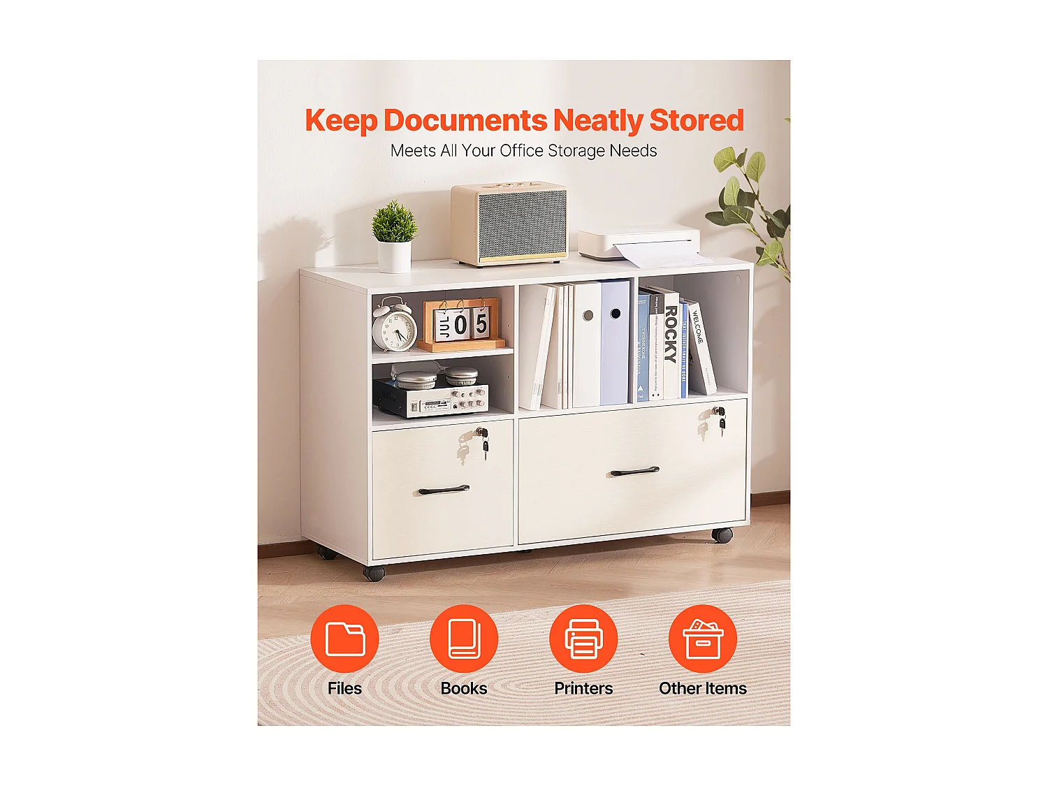 Classeur Dossier Mobile SucceBuy en Bois, Meuble de Rangement de Bureau à 2 Tiroirs avec Étagères Ouvertes et Réglables, Verrouillable, pour Bureau, Blanc