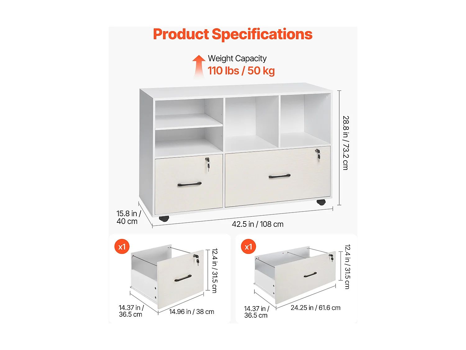 Classeur Dossier Mobile SucceBuy en Bois, Meuble de Rangement de Bureau à 2 Tiroirs avec Étagères Ouvertes et Réglables, Verrouillable, pour Bureau, Blanc