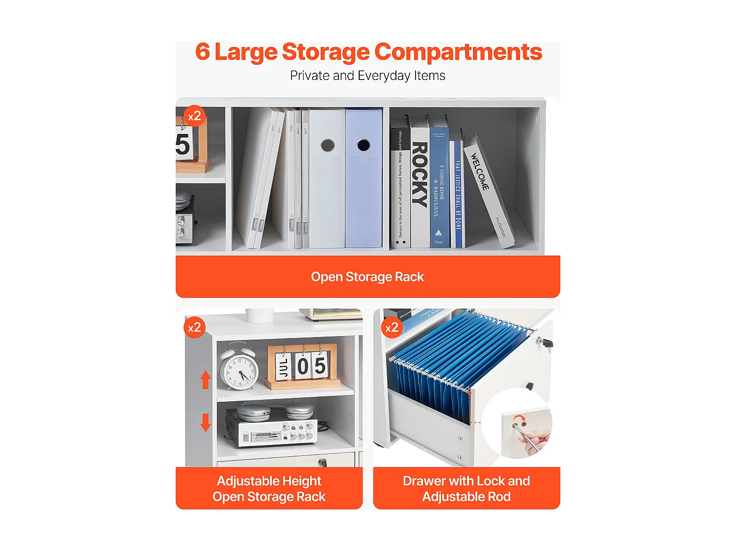 Classeur Dossier Mobile SucceBuy en Bois, Meuble de Rangement de Bureau à 2 Tiroirs avec Étagères Ouvertes et Réglables, Verrouillable, pour Bureau, Blanc