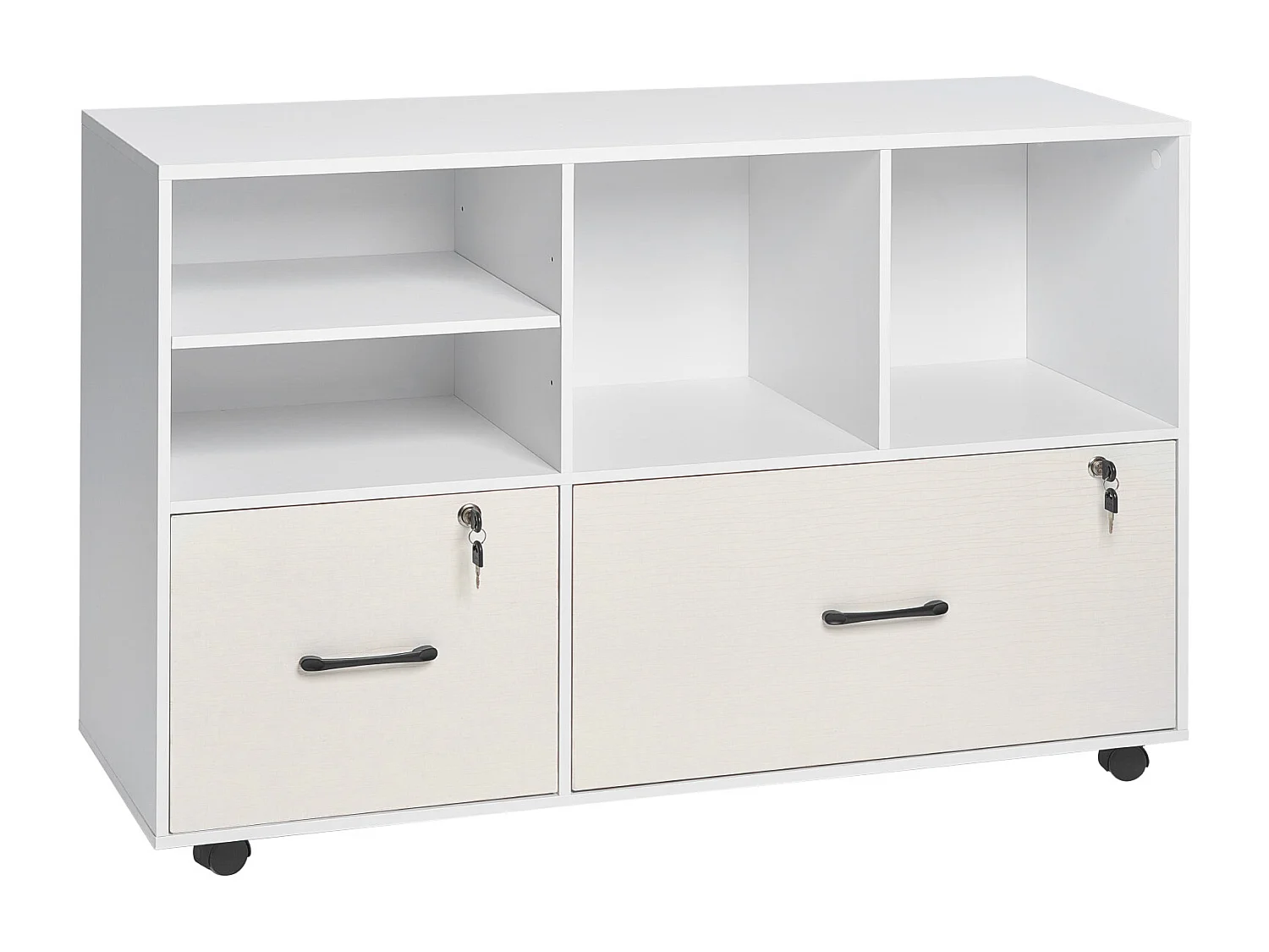 Classeur Dossier Mobile SucceBuy en Bois, Meuble de Rangement de Bureau à 2 Tiroirs avec Étagères Ouvertes et Réglables, Verrouillable, pour Bureau, Blanc