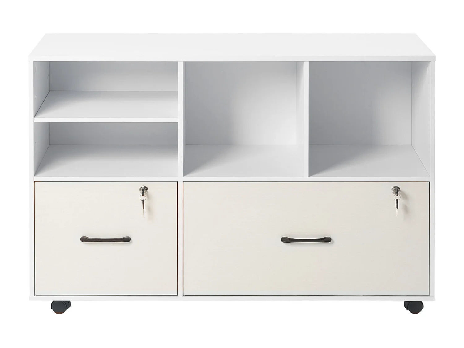 Classeur Dossier Mobile SucceBuy en Bois, Meuble de Rangement de Bureau à 2 Tiroirs avec Étagères Ouvertes et Réglables, Verrouillable, pour Bureau, Blanc