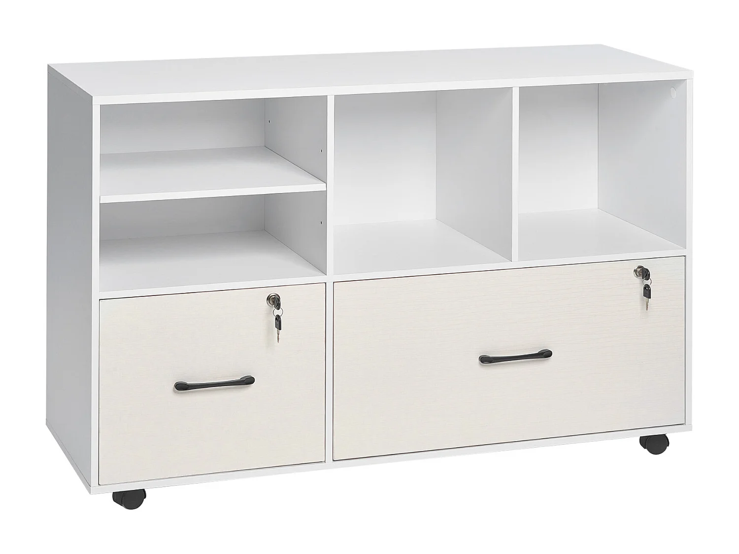 Classeur Dossier Mobile SucceBuy en Bois, Meuble de Rangement de Bureau à 2 Tiroirs avec Étagères Ouvertes et Réglables, Verrouillable, pour Bureau, Blanc