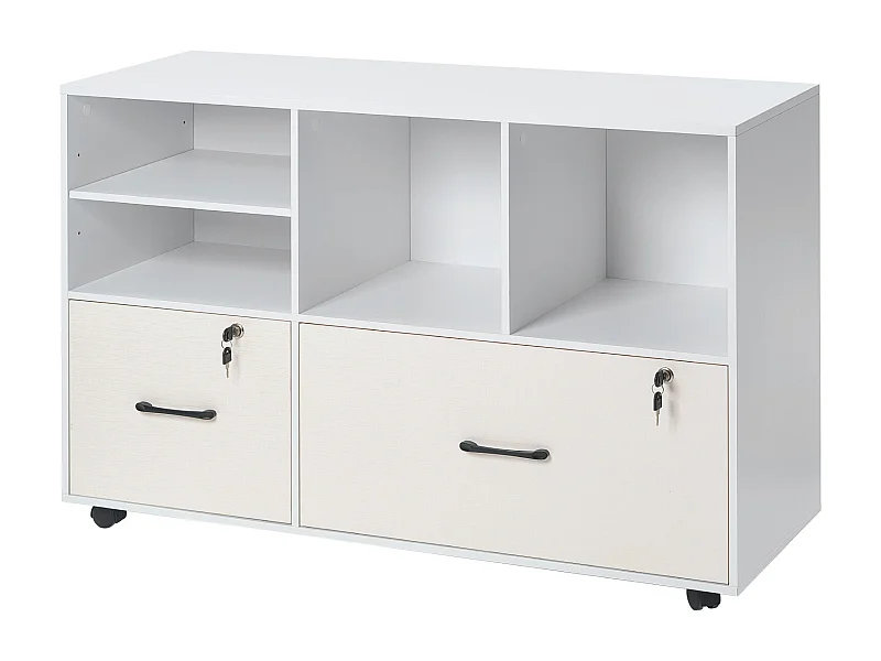 Classeur Dossier Mobile SucceBuy en Bois, Meuble de Rangement de Bureau à 2 Tiroirs avec Étagères Ouvertes et Réglables, Verrouillable, pour Bureau, Blanc