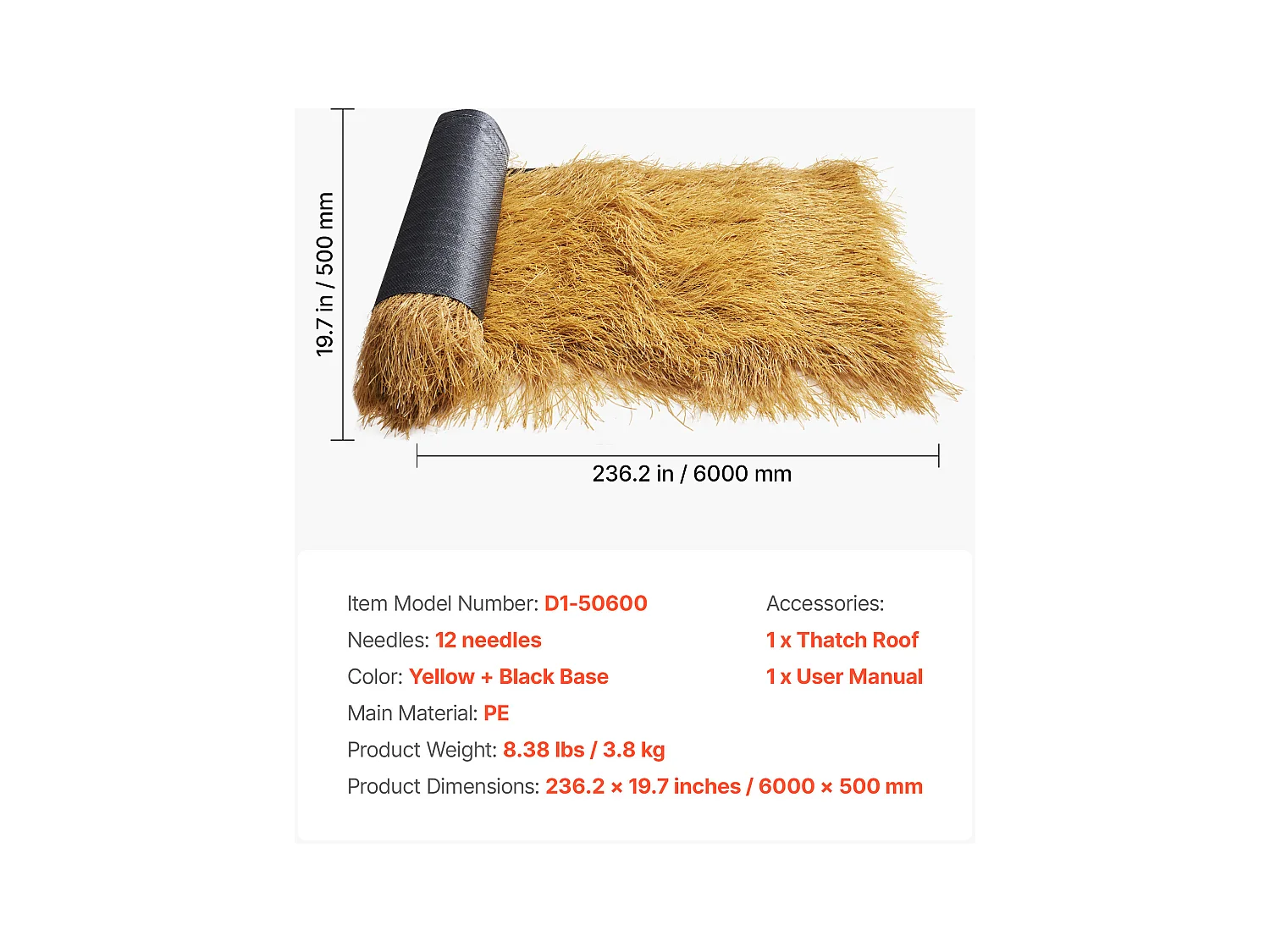 Toiture en Chaume Artificielle SucceBuy, 0,5 x 6 m, Rouleau de Chaume Artificiel, Tapis de Toit de Bar Cabane, Résistant à la Chaleur, pour Terrasse, Piscine