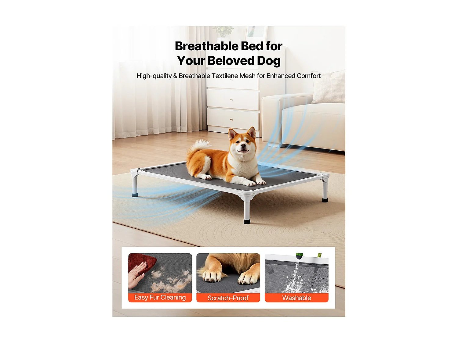 Verhoogd Bed SucceBuy voor Honden, Veldbed voor Huisdieren met Aluminium Buizenframe en Ademend Gaas, L, Grijs