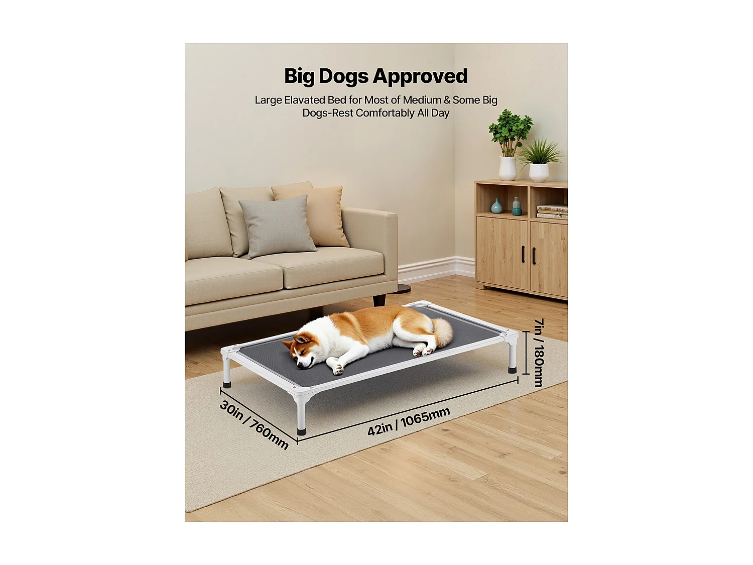 Verhoogd Bed SucceBuy voor Honden, Veldbed voor Huisdieren met Aluminium Buizenframe en Ademend Gaas, L, Grijs