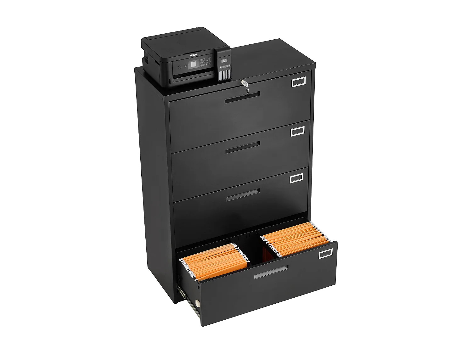 Bureaukast SucceBuy met 4 Lades, Metalen Archiefkast met Slot en Verstelbare Hangstangen, voor A4-formaat, Dossiers, Zwart