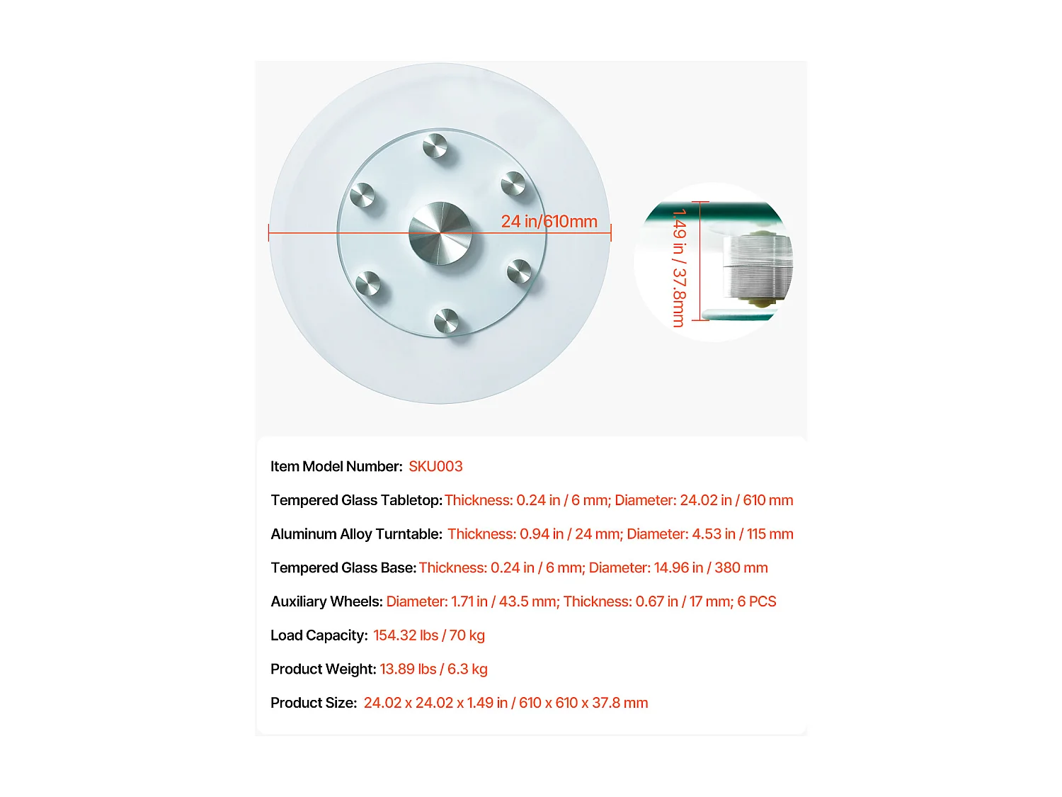 Plateau Tournant Rond SucceBuy pour Table, 61cm, Plateau de Service Rotatif à 360°, Centre de Table à Manger en Verre Trempé avec 6 Roues, pour Banquets