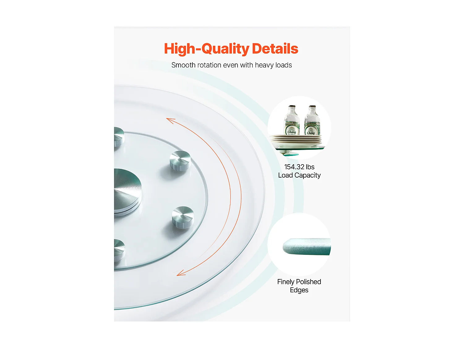 Plateau Tournant Rond SucceBuy pour Table, 61cm, Plateau de Service Rotatif à 360°, Centre de Table à Manger en Verre Trempé avec 6 Roues, pour Banquets