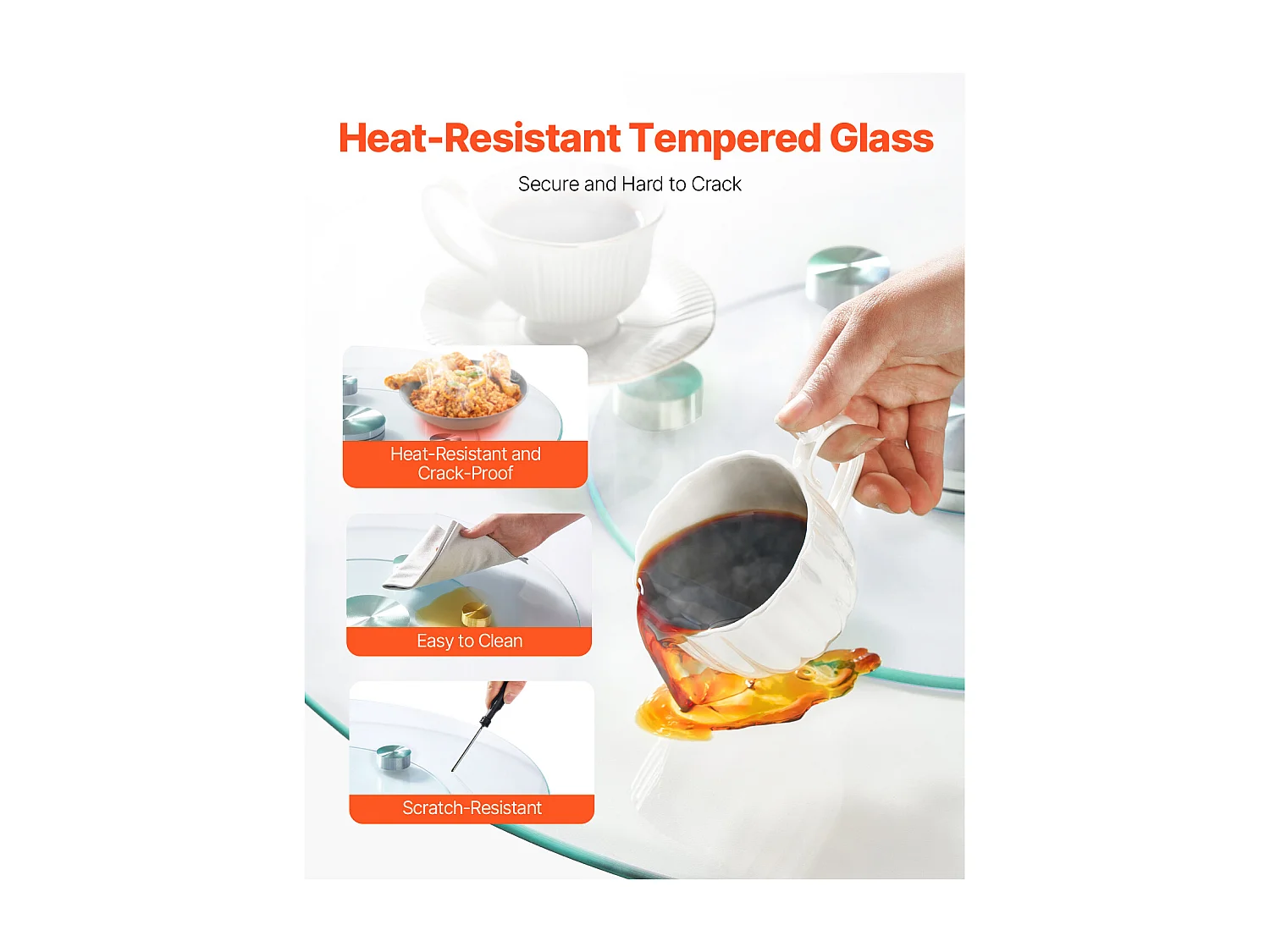 Plateau Tournant Rond SucceBuy pour Table, 61cm, Plateau de Service Rotatif à 360°, Centre de Table à Manger en Verre Trempé avec 6 Roues, pour Banquets