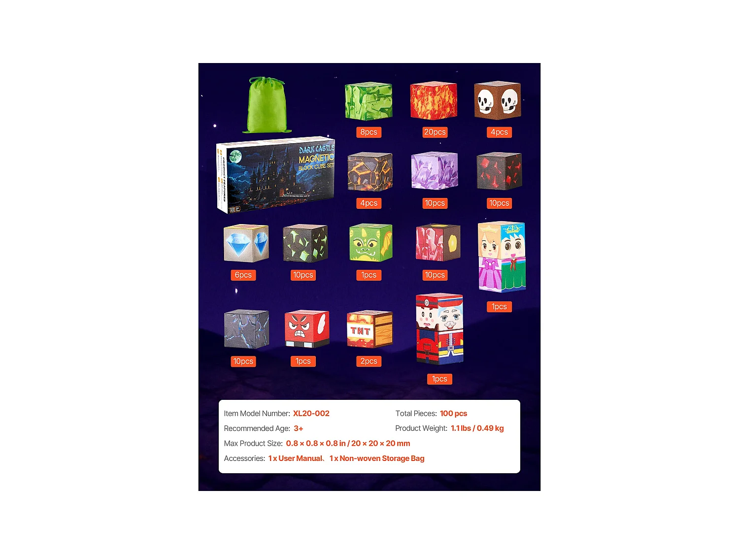 Construction Magnétique Enfant SucceBuy, 100 PCS Blocs de Construction Magnétiques, Château Sombre, pour Cadeau Anniversaire, Garçons, Filles 3 Ans et Plus