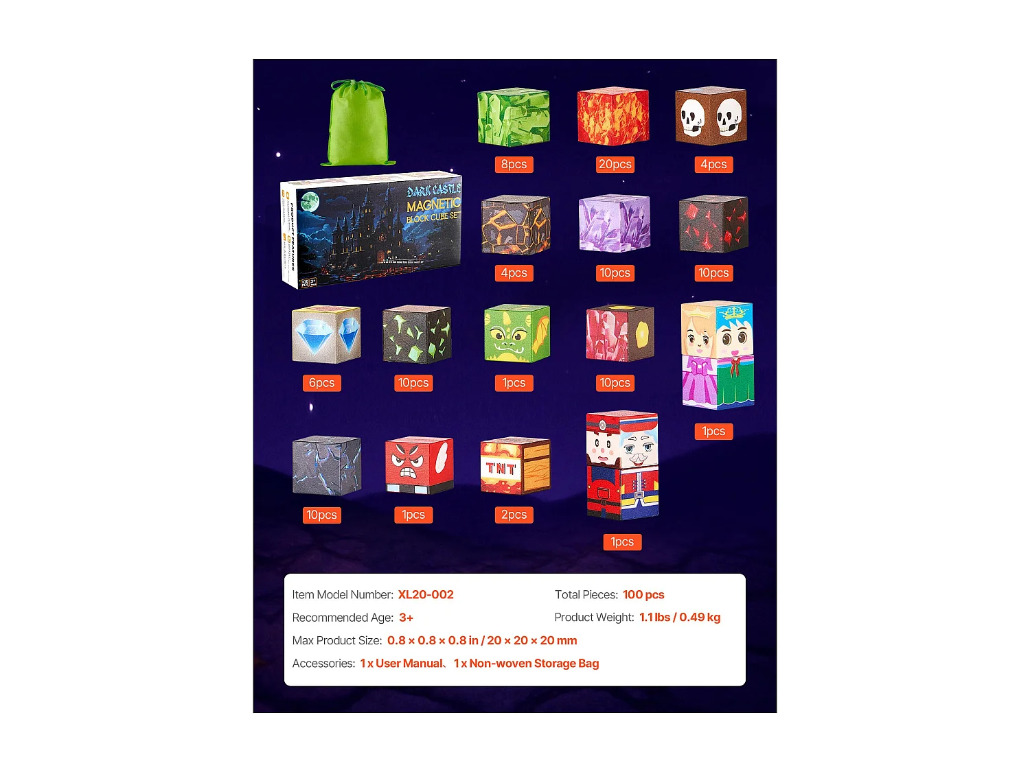 Construction Magnétique Enfant SucceBuy, 100 PCS Blocs de Construction Magnétiques, Château Sombre, pour Cadeau Anniversaire, Garçons, Filles 3 Ans et Plus