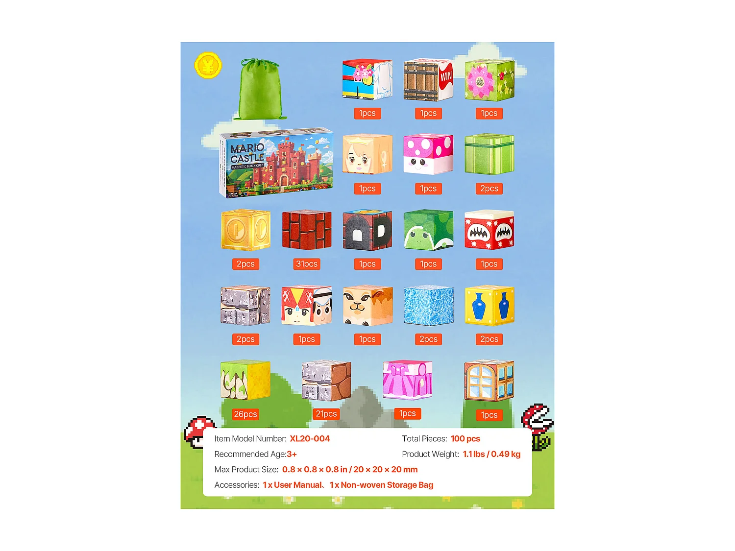 Construction Magnétique Enfant SucceBuy, 100 PCS Blocs de Construction Magnétiques, pour Cadeau d'Anniversaire, de Noël, Garçons et Filles de 3 Ans et Plus