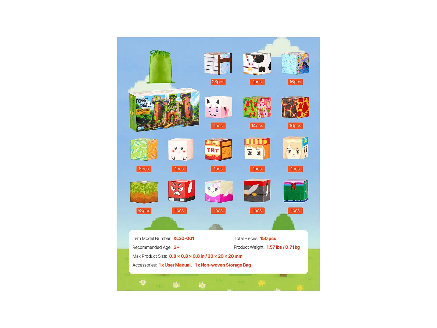 Construction Magnétique Enfant SucceBuy, 150 PCS Blocs de Construction Magnétiques, Château Forestier, pour Cadeau Anniversaire, Garçons, Filles 3 Ans et Plus