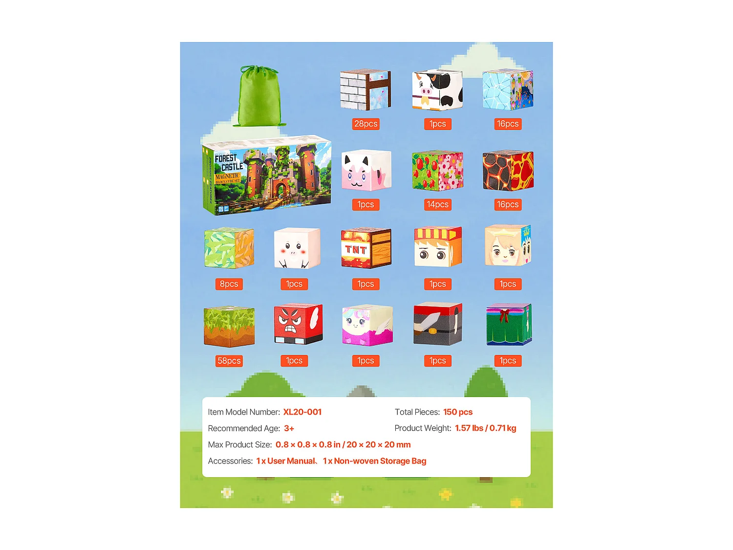 Magnetische Bouwstenen SucceBuy voor Kinderen, 150 Magnetische Bouwstenen, Boskasteel, voor Verjaardagscadeau, Jongens en Meisjes vanaf 3 Jaar