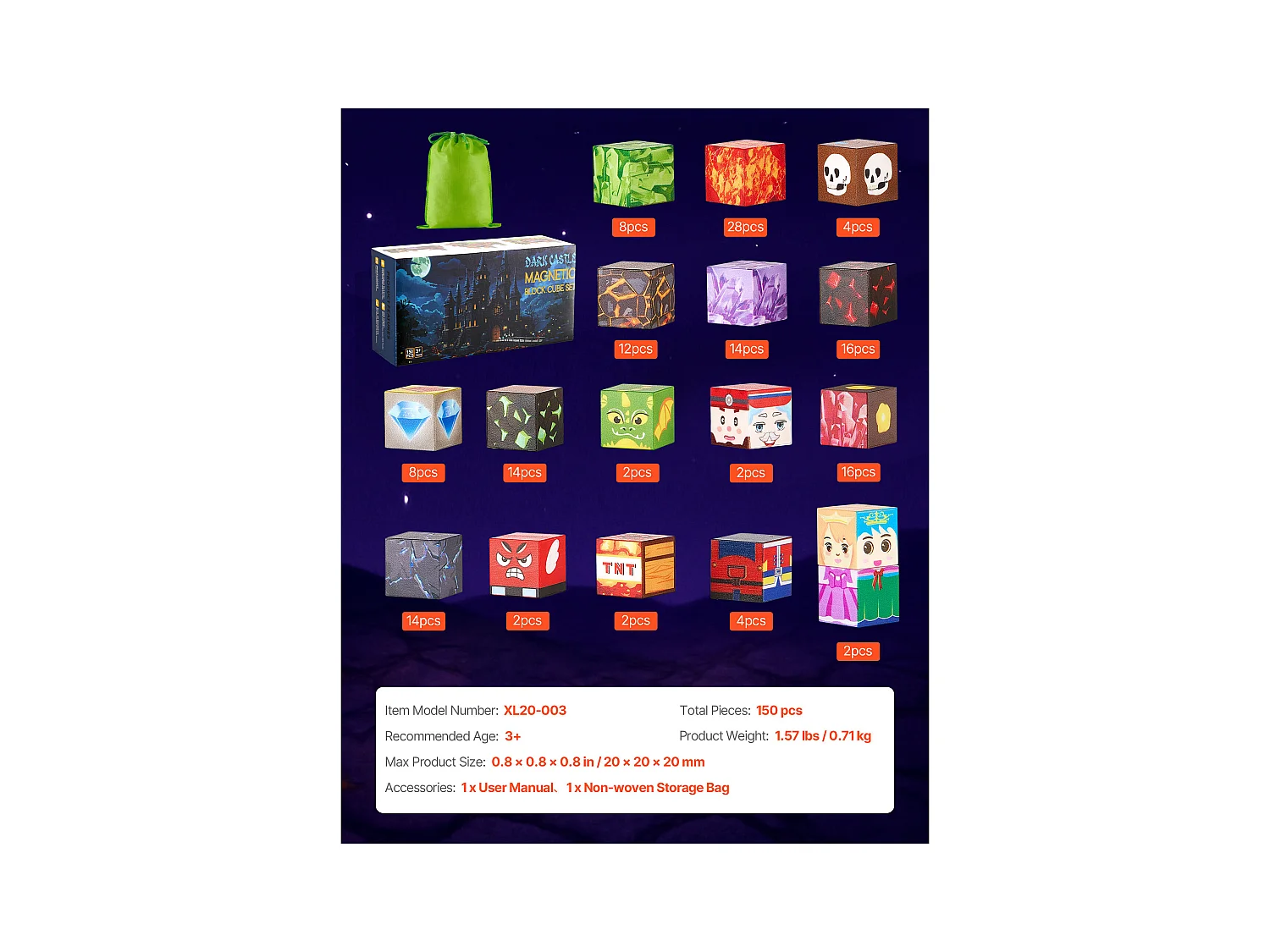 Construction Magnétique Enfant SucceBuy, 150 PCS Blocs de Construction Magnétiques, Château Sombre, pour Cadeau Anniversaire, Garçons, Filles 3 Ans et Plus