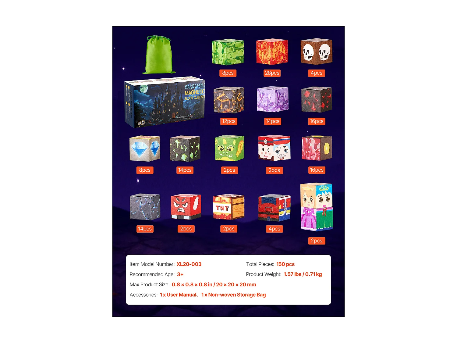 Construction Magnétique Enfant SucceBuy, 150 PCS Blocs de Construction Magnétiques, Château Sombre, pour Cadeau Anniversaire, Garçons, Filles 3 Ans et Plus