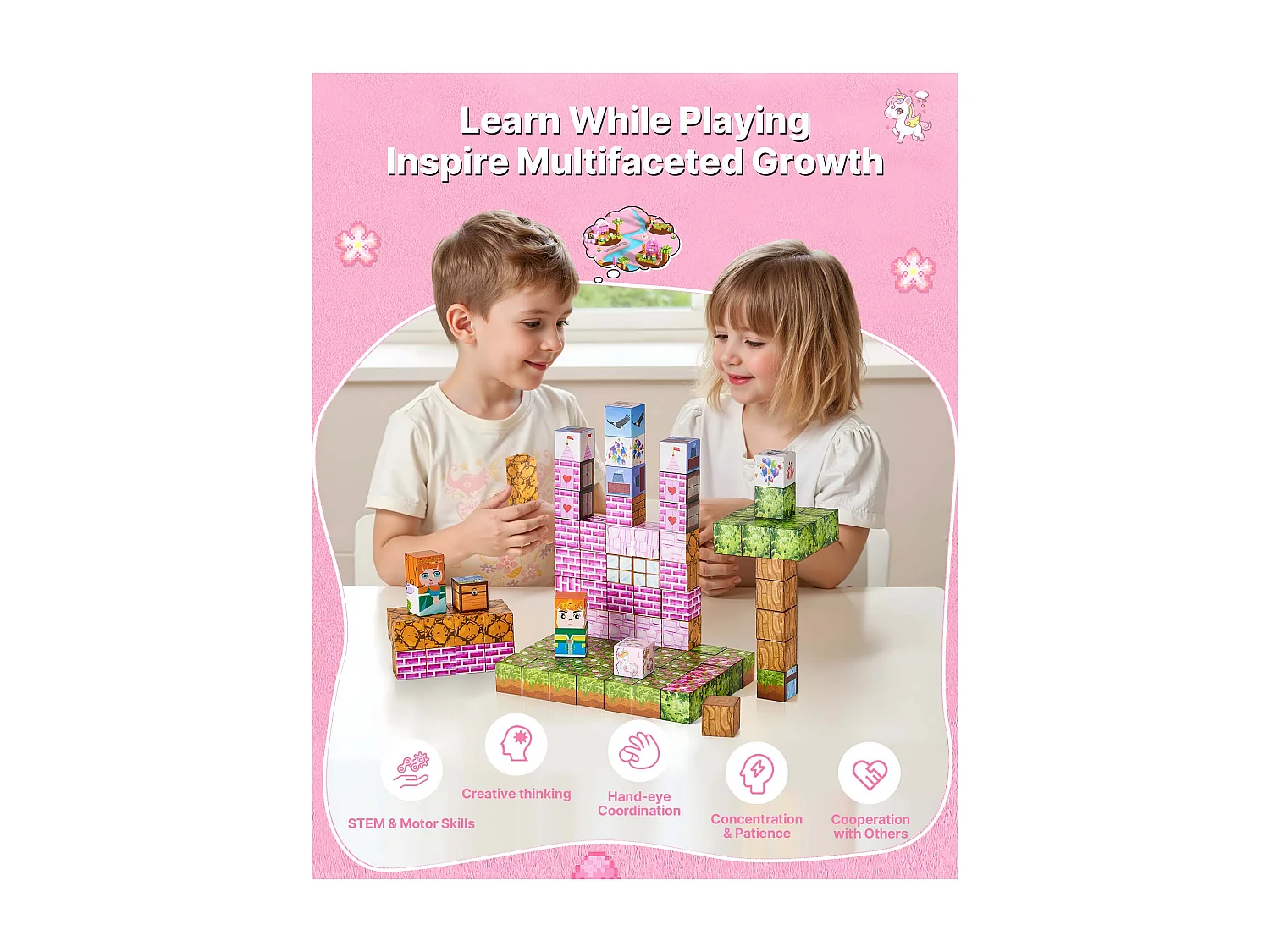 Construction Magnétique Enfant SucceBuy, 100 PCS Blocs de Construction Magnétiques, Château Princesse, pour Cadeau Anniversaire, Garçons, Filles 3 Ans et Plus