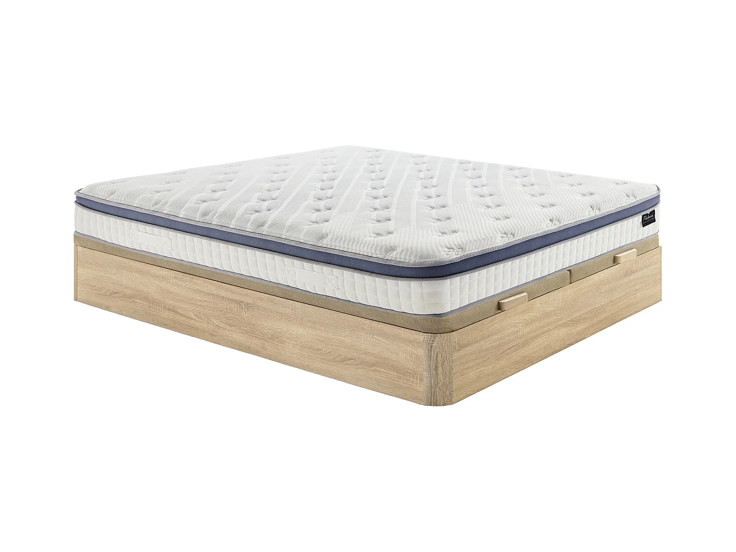 Ensemble 180 x 200 cm sommier coffre naturel clair + matelas hybride ressorts ensachés 7 zones mémoire de forme et latex ép.25cm - MALAO de PALACIO