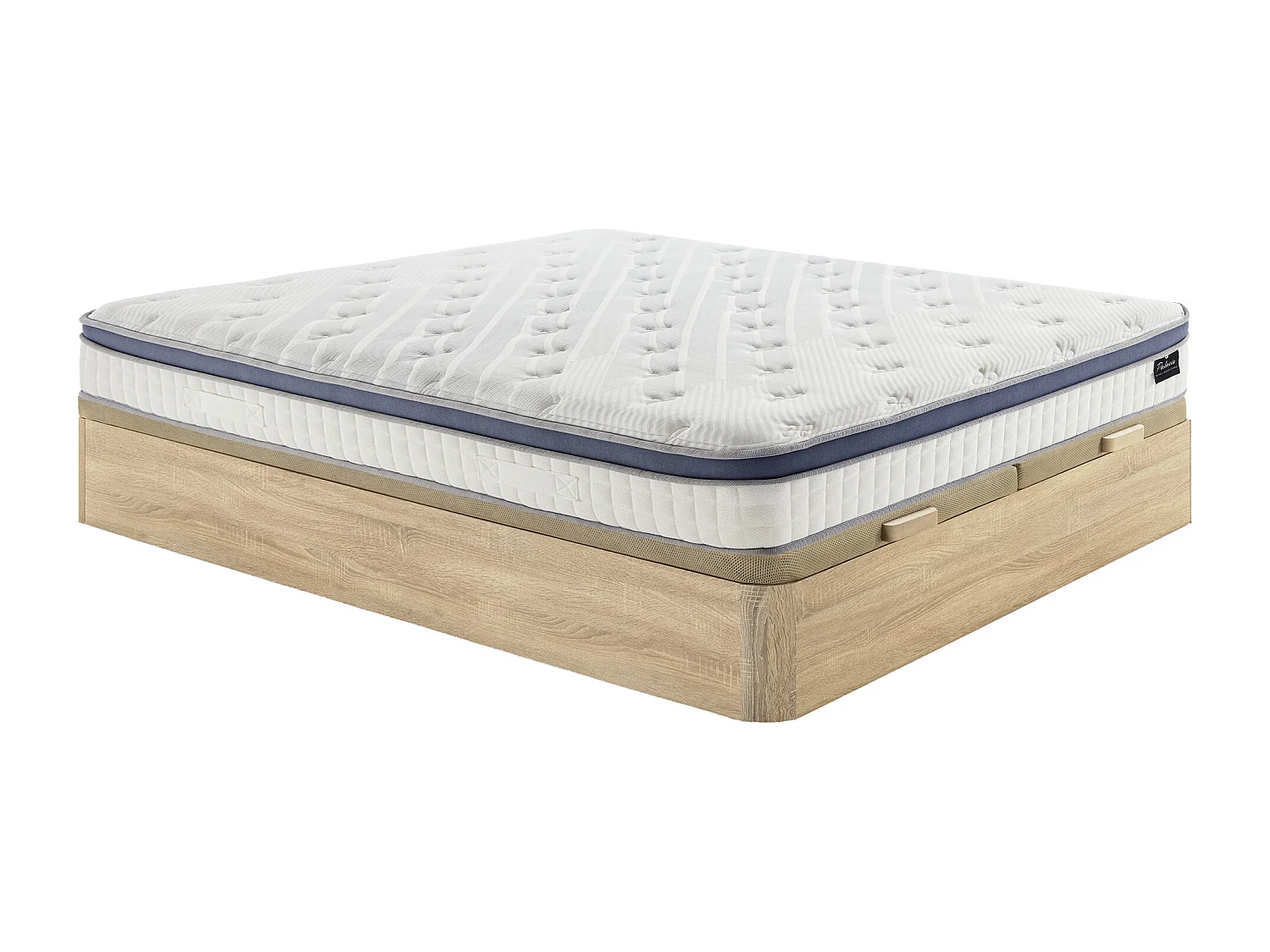Ensemble 180 x 200 cm sommier coffre naturel clair + matelas hybride ressorts ensachés 7 zones et mémoire de forme ép.25cm - MALAO de PALACIO