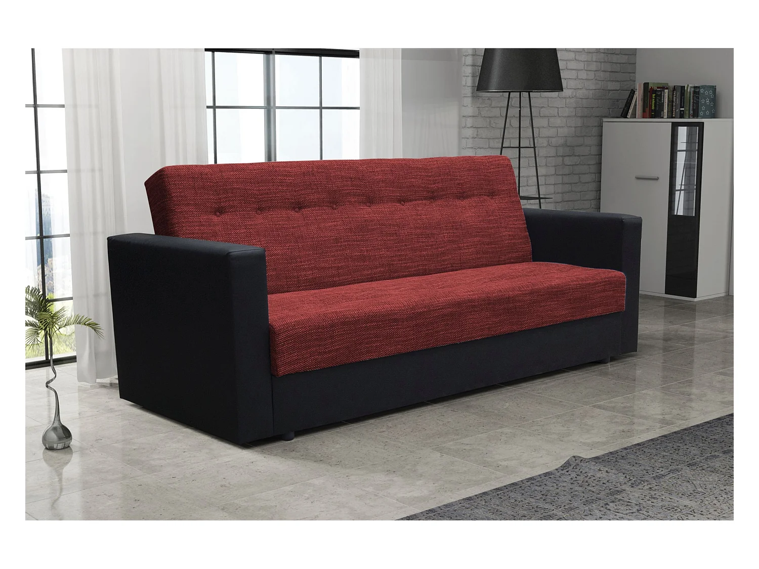 BEDANTE CANAPÉ WIND avec fonction lit SAWANA13+DOLARO8 Rouge/Noir avec espace de rangement, coffre de lit, canapé de salon, sofa, canapé-lit, canapé avec coffre