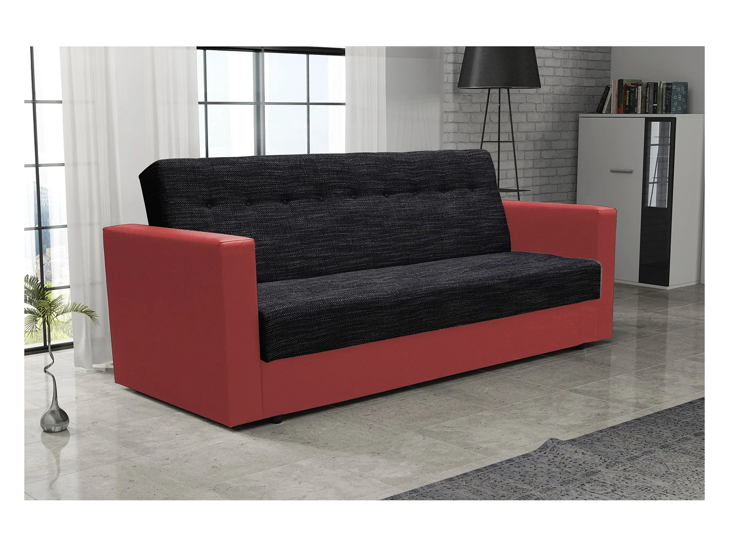 BEDANTE CANAPÉ WIND avec fonction lit KORNET10+SAWANA13 Noir/Rouge avec espace de rangement, coffre de lit, canapé de salon, sofa, canapé-lit, canapé avec coffre