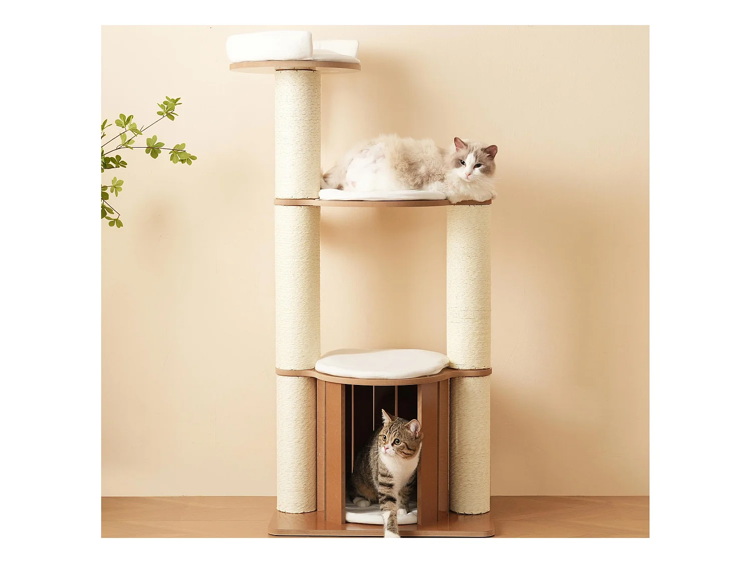 Arbre à chat 135 cm de hauteur - 3 plateformes - 1 maison pour chats - blanc