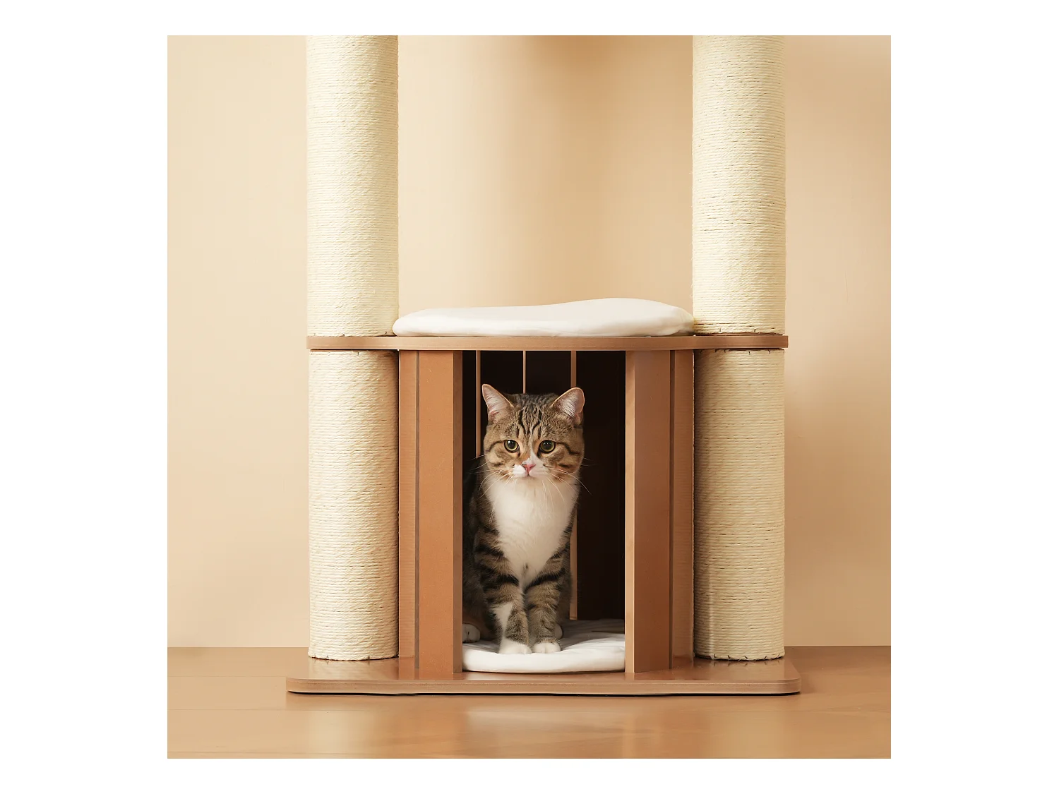 Arbre à chat 135 cm de hauteur - 3 plateformes - 1 maison pour chats - blanc