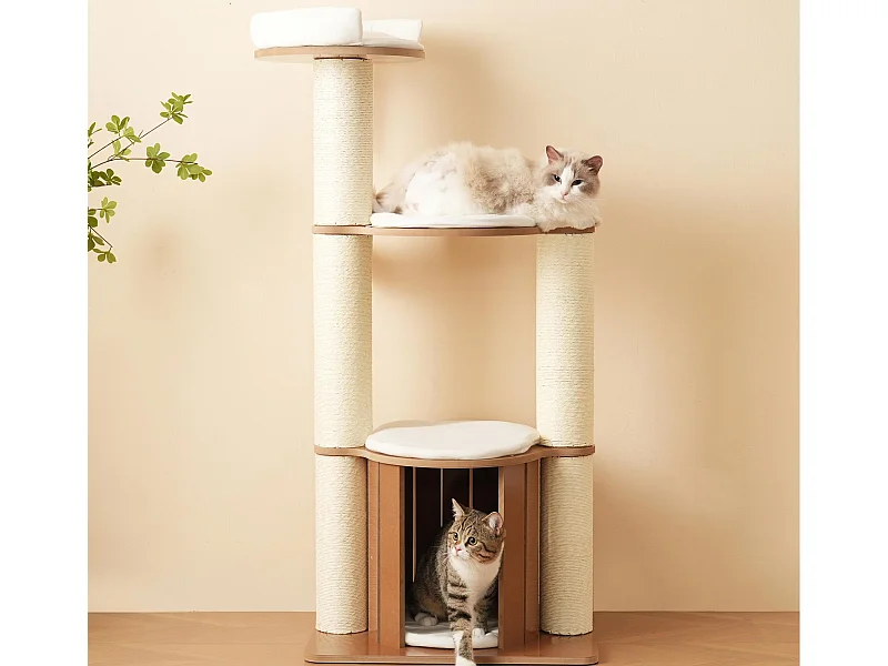 Kratzbaum 135 cm hoch - 3 Plattformen - 1 Katzenhaus - weiß