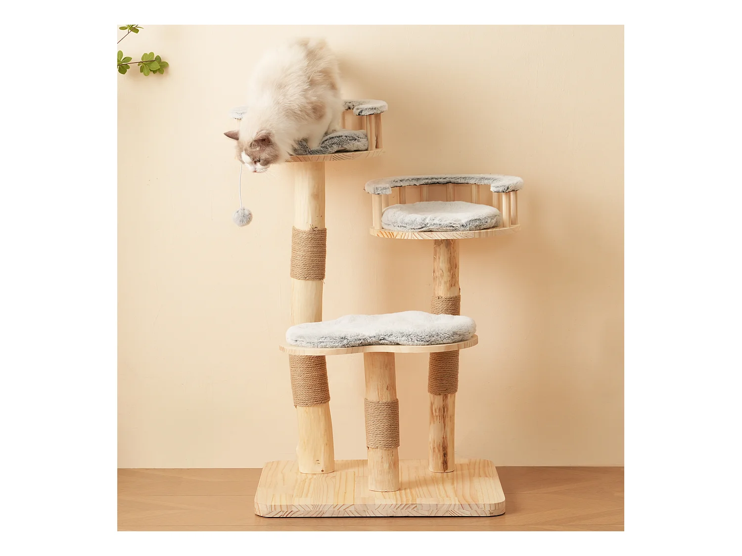 Arbre à chat 60x48x98cm - 3 plateformes - coussins amovibles - balle de jeu - design nuage - Naturel