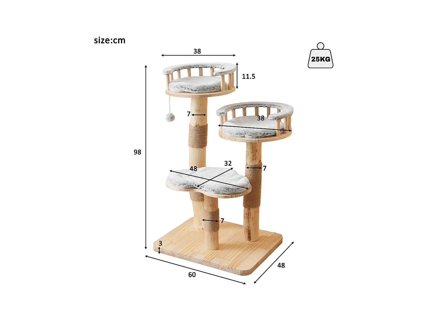 Arbre à chat 60x48x98cm - 3 plateformes - coussins amovibles - balle de jeu - design nuage - Naturel